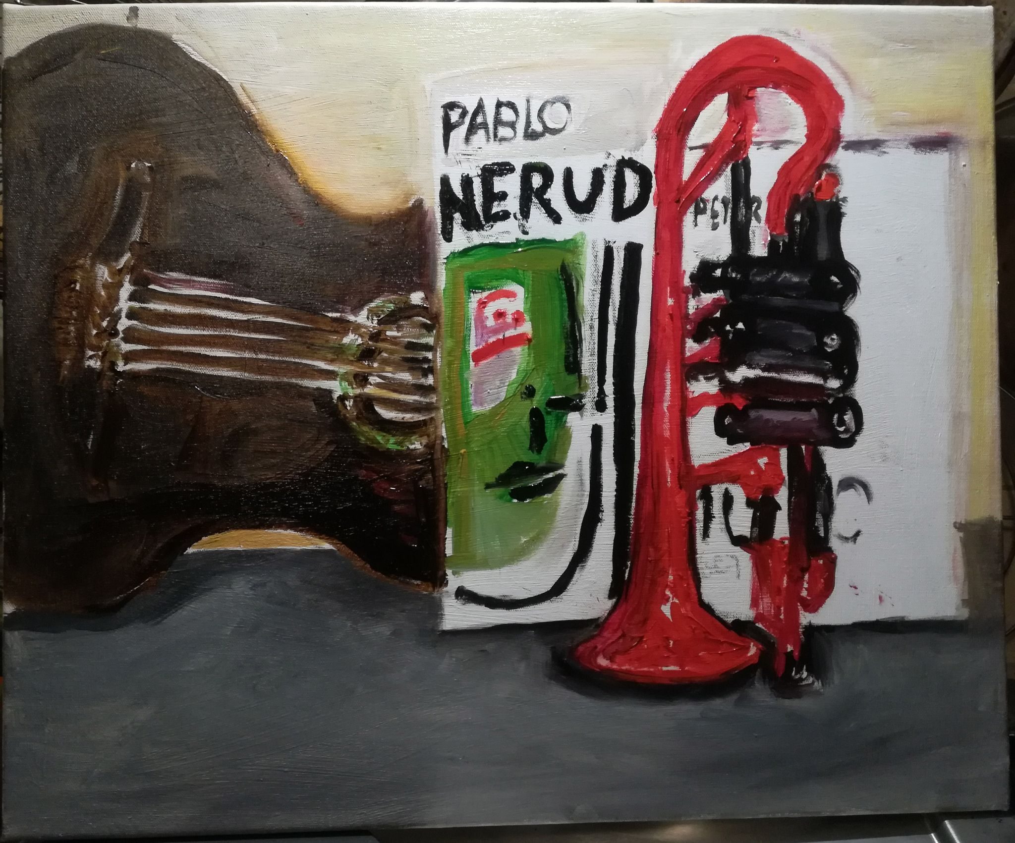 Black guitar lying behind Pablo Nerud Record sleeve and Peter Doig Exhibition newspaper behind Red and Black P-Cornet on black cloth. Medium: Oil on canvas