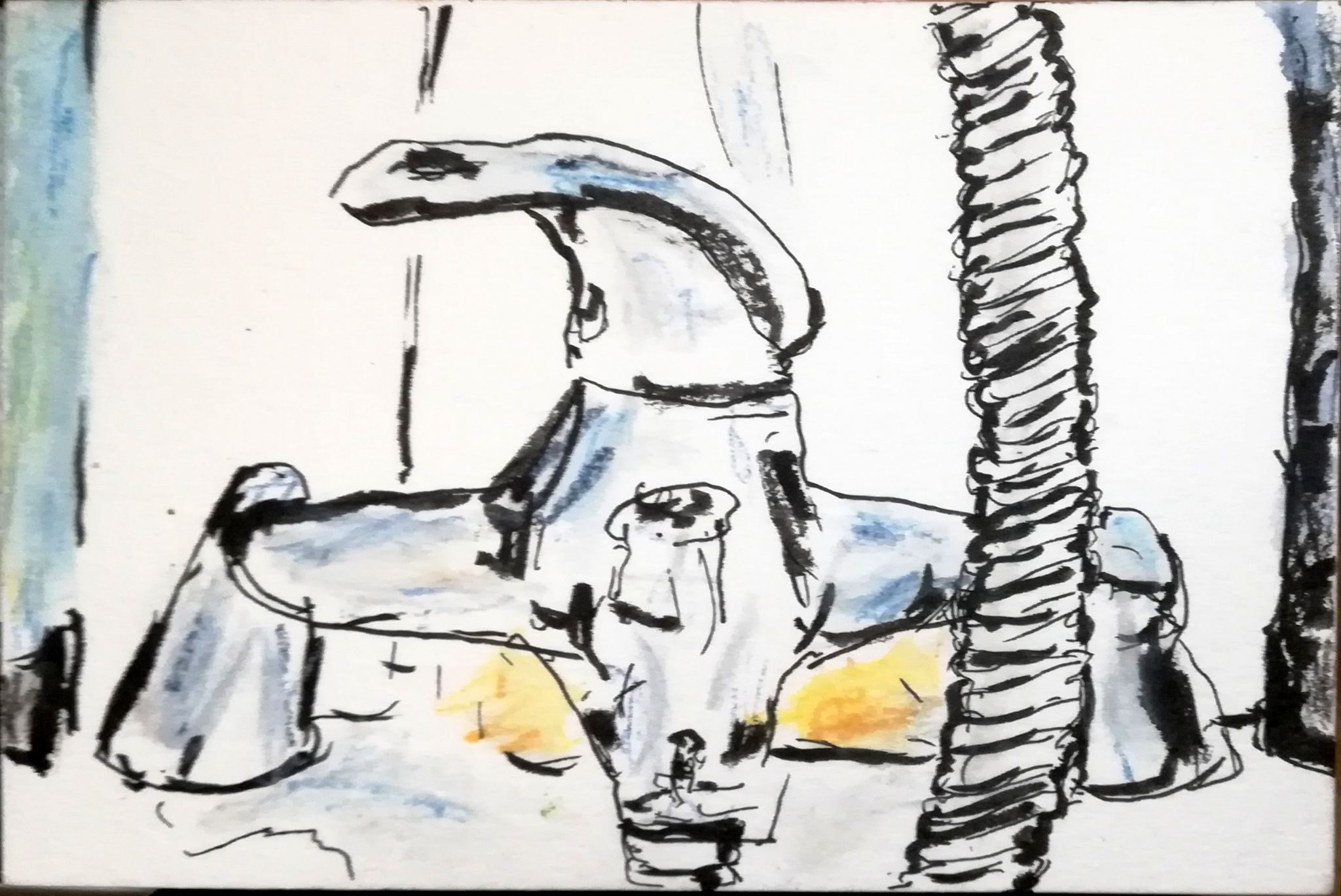 Tiny reflection of myself in water in bath taps with yellow sponge behind and bath bubbles and shower gel either side; medium: brush pens on watercolour postcard pad, with ink tense colour pencil wash added after bath wash