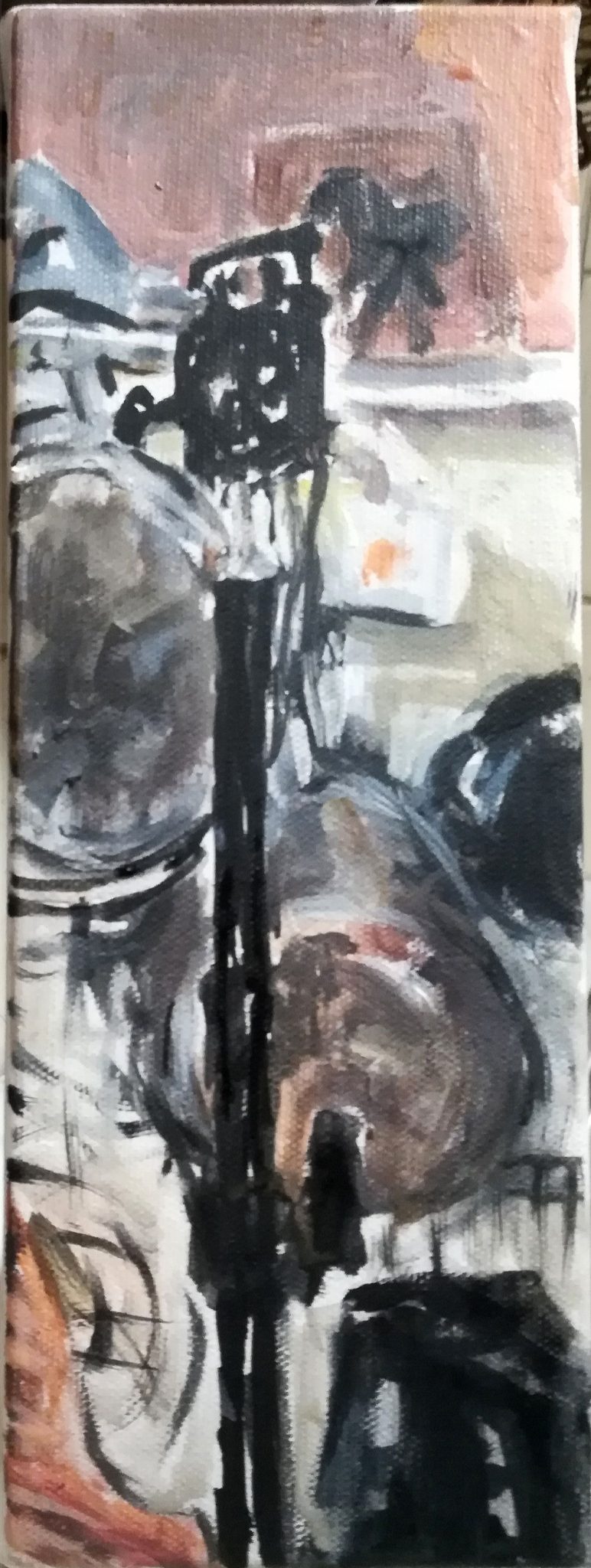 Phone holder on tripod with pots and pans, hanging cup, tiles on shelf, pizza server and toaster behind; acrylics on canvas