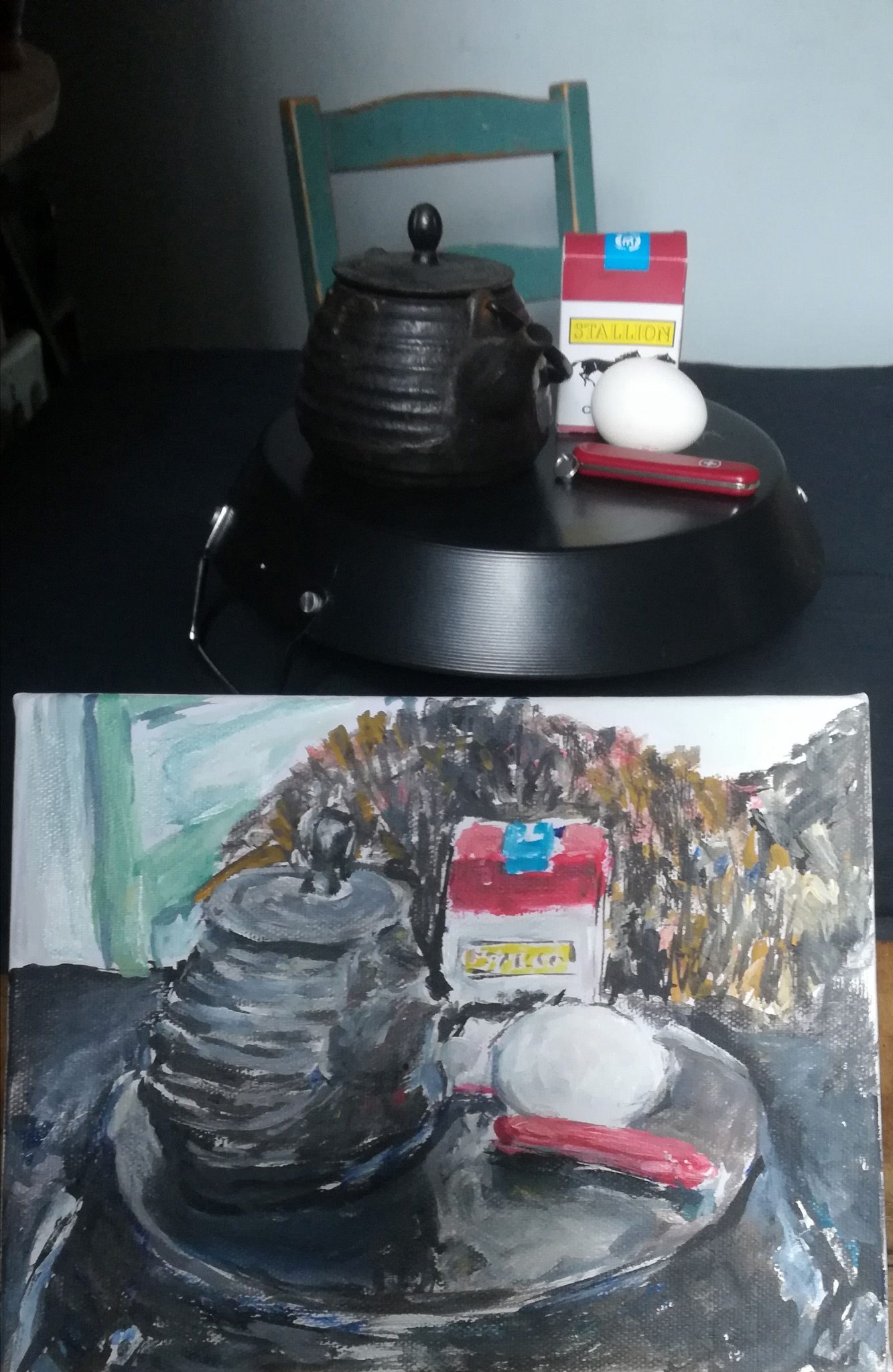 Still life set up from Day 6 - with painting of it in foreground - missing the cat