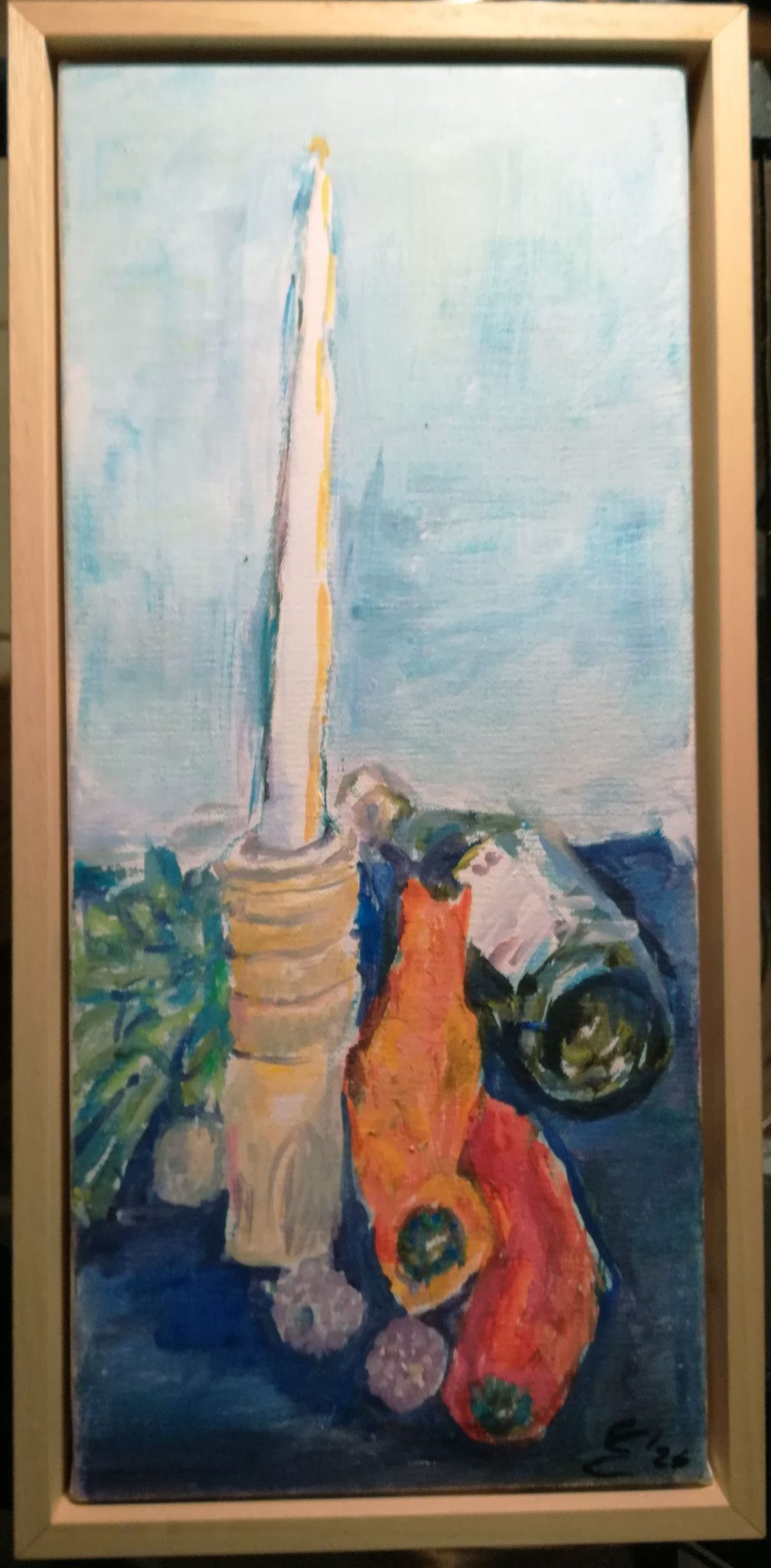 Day 5 still life, signed, & in wooden frame, glue setting