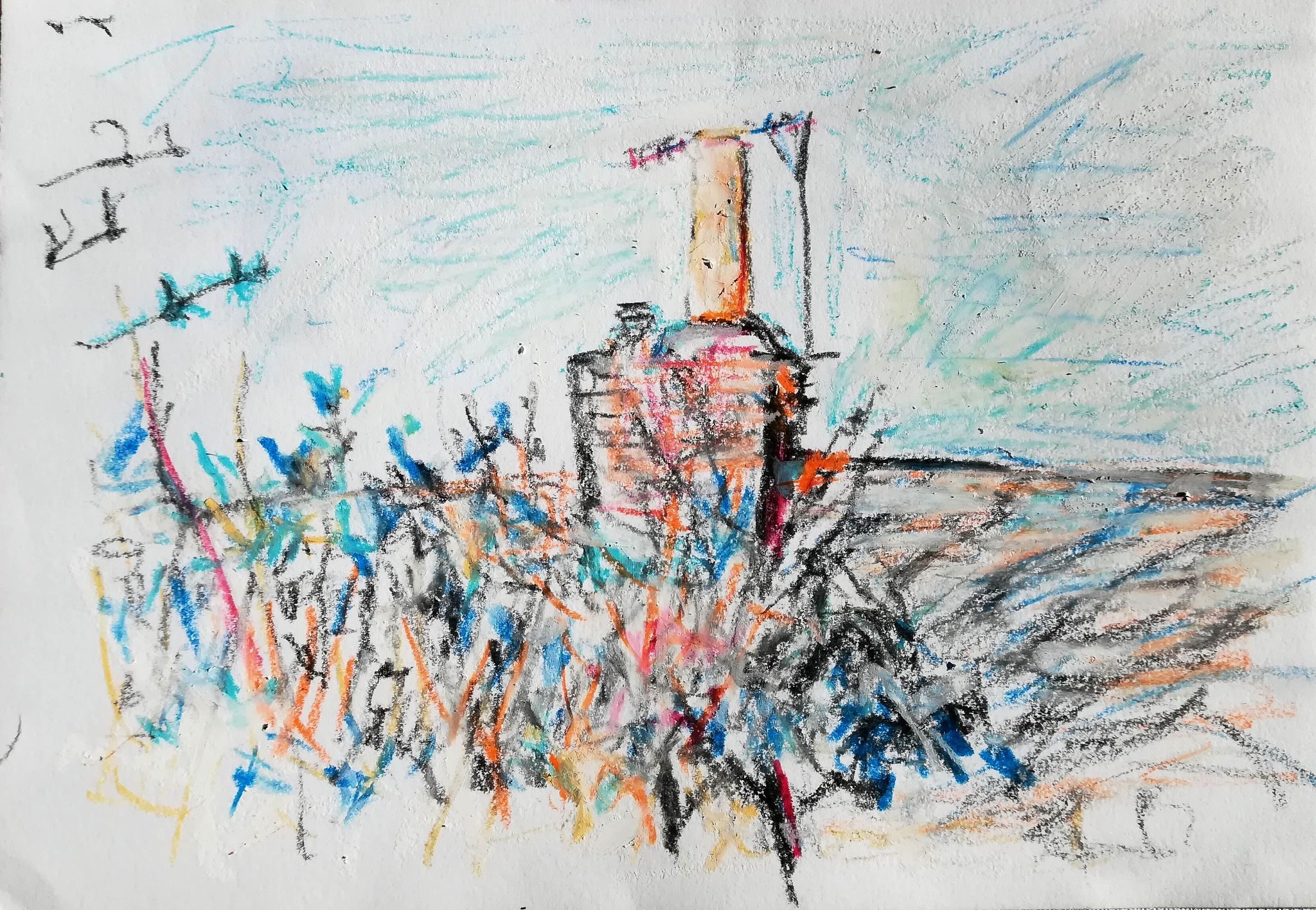Oil pastel sketchy of sand-coloured chimney opposite bedroom window, as seen in Day 16
