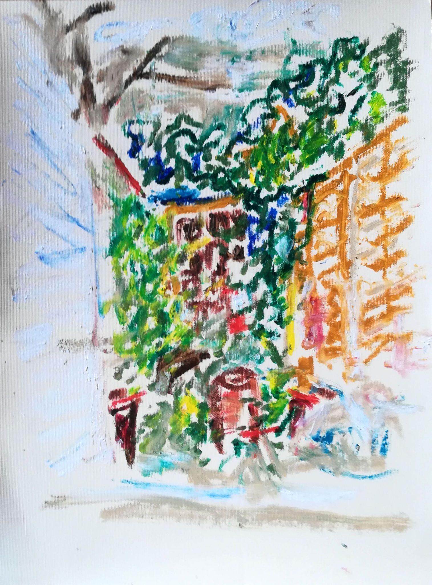 Oil Bar sketch of view of shed and garden path through back door glass
