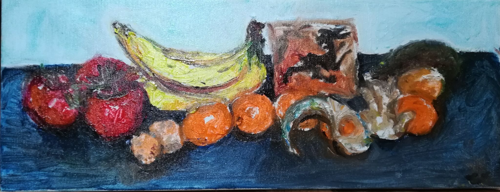 A variety of bright coloured fruit and ginger root on black cloth with a couple of tiles, in oils