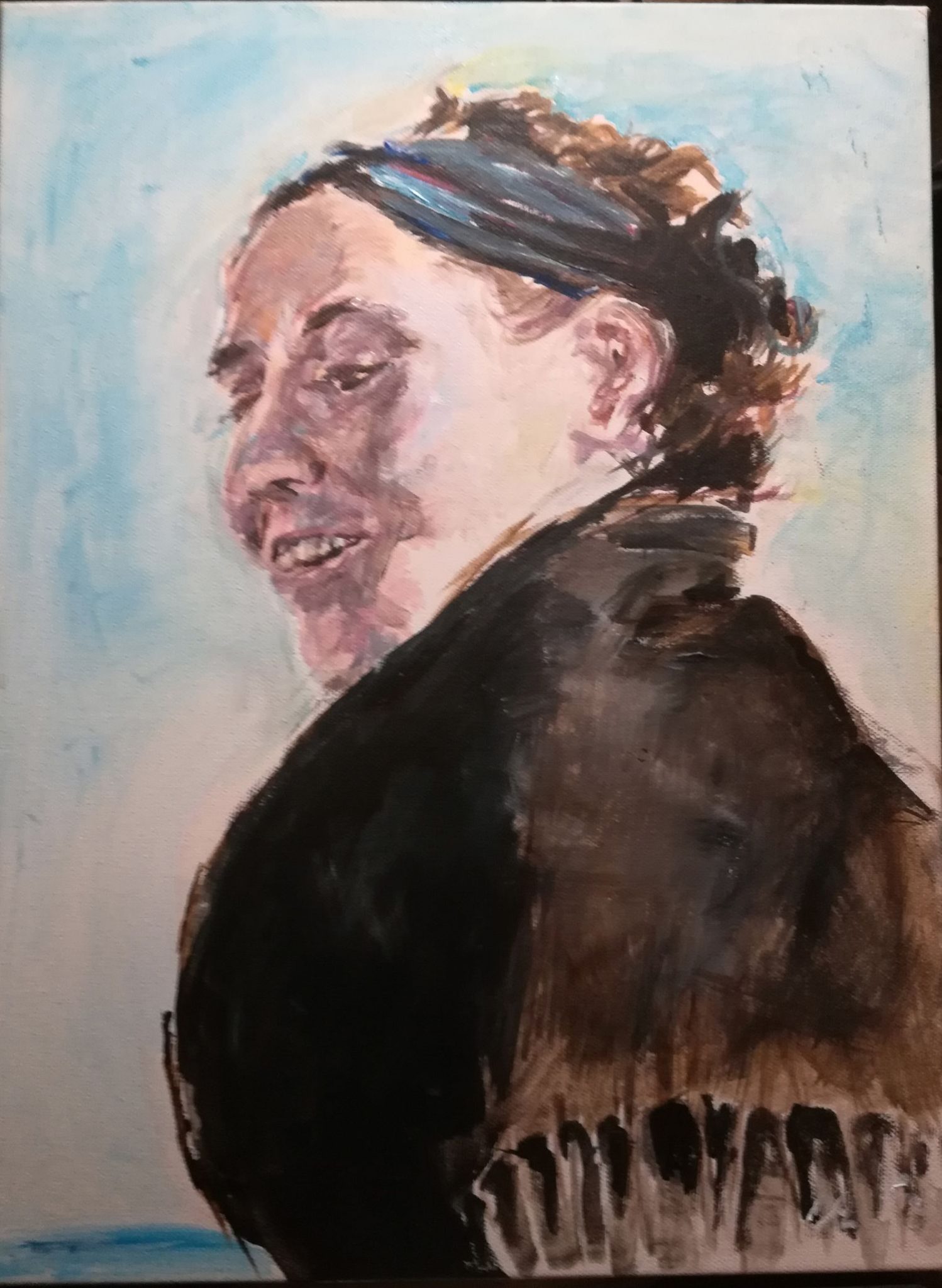 Acrylic on canvas; woman with brown hair in scarf catching the wind (my mother, circa 1950s, probably off the coast of Spain), smiling, looking down, face in shadow, side of face lit by bright sun, chest up, seen from below, 3/4 profile, clear sky behind, wearing heavy woollen shawl