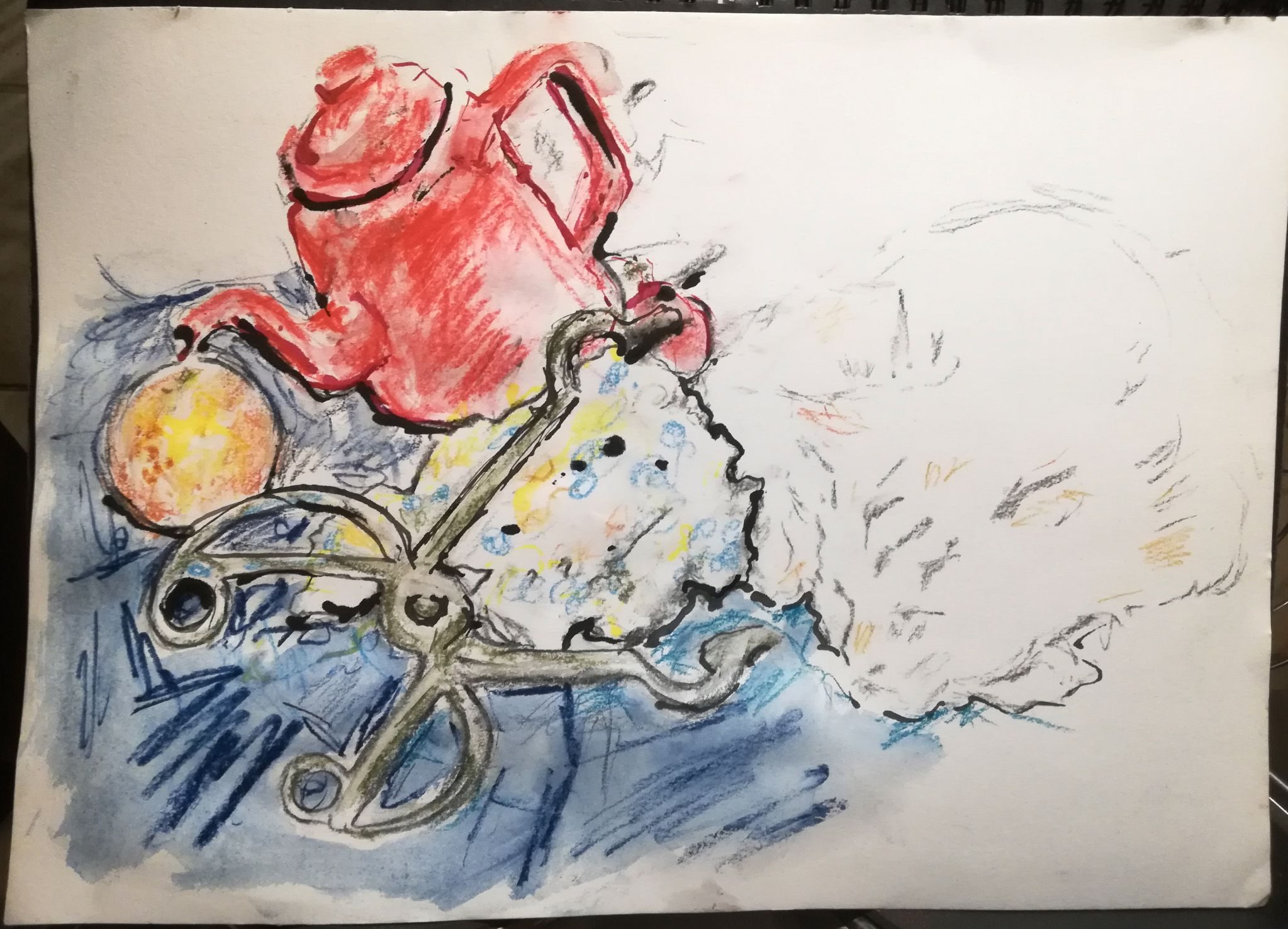 Red enamel teapot resing on 2 tomatoes, spout hovering over an orange; transient cat sleeping behind tongs on rock. Medium: charcoal, ink, aquarelle pencils