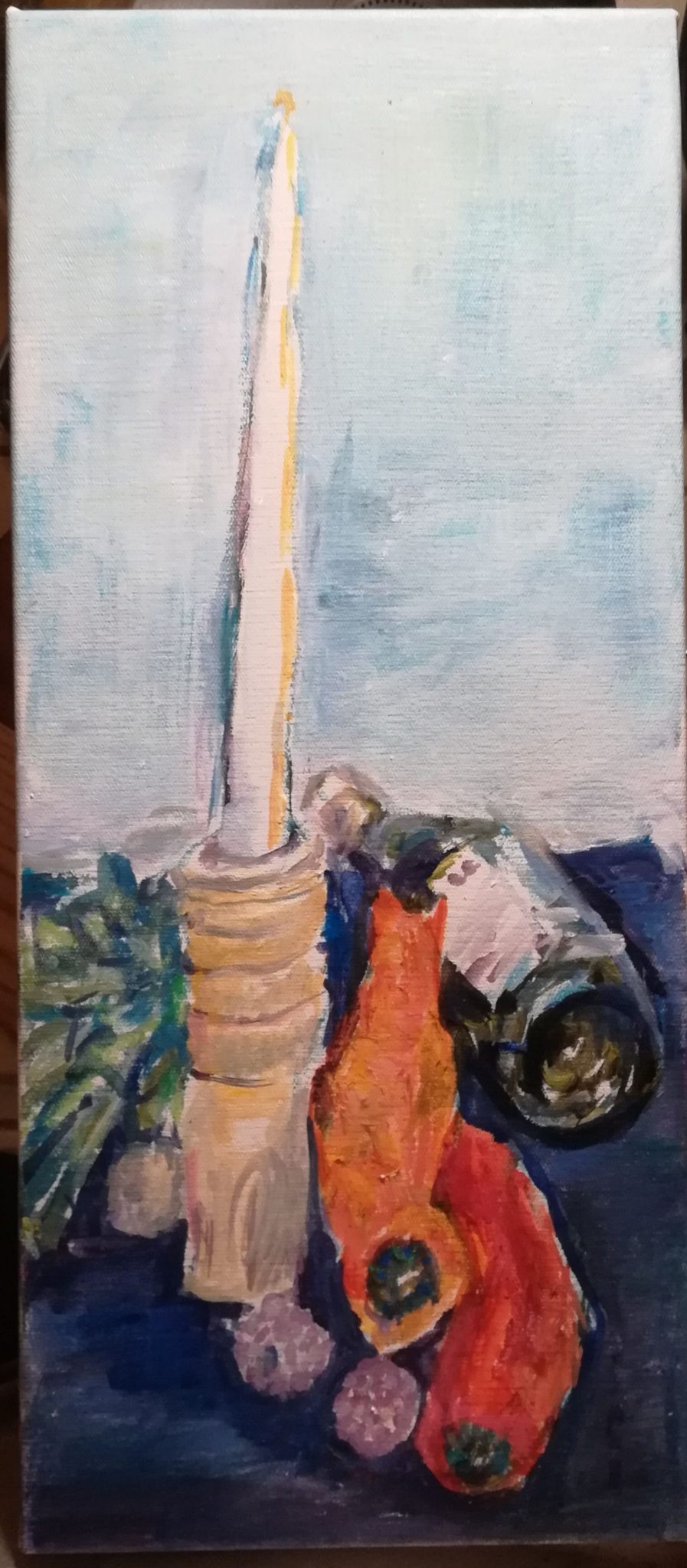 Long white tapered candle in turned wood candlestick; red and orange pointed peppers resting on lychees; green bottle with white label lying behind; and pineapple top. Medium: acrylic, water based oils, pastel and chalk