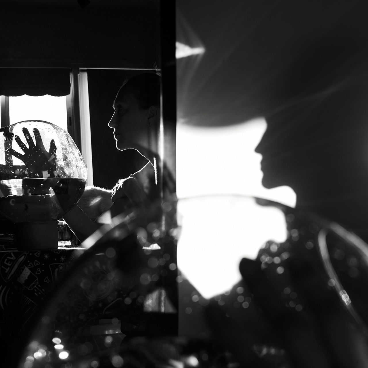 Self-portrait in one shot with reflection and shadow