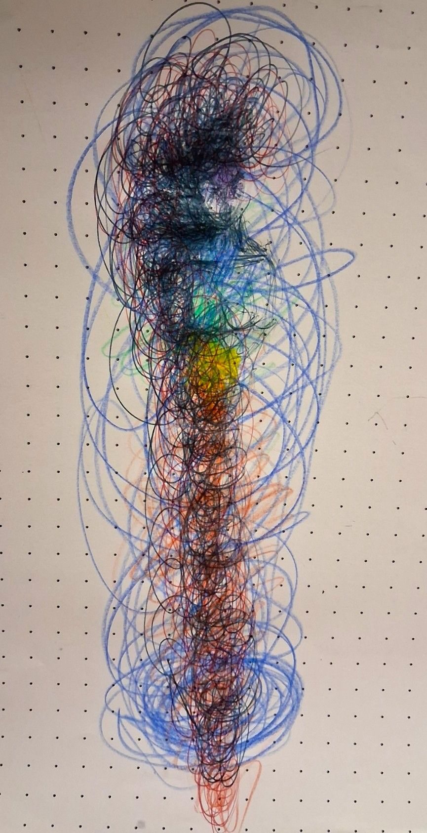 Black and green biro, coloured pencils  - -image/figure drawn in a spiral shape on dotty paper