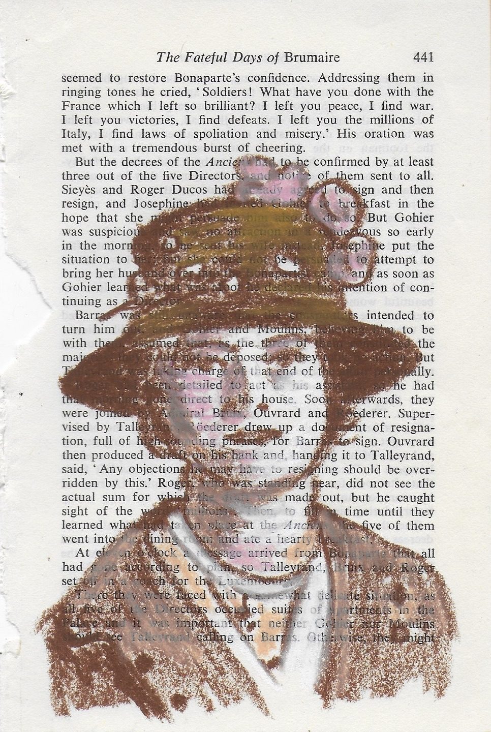Oil pastel drawing in shades of brown of my great aunt on vintage book page