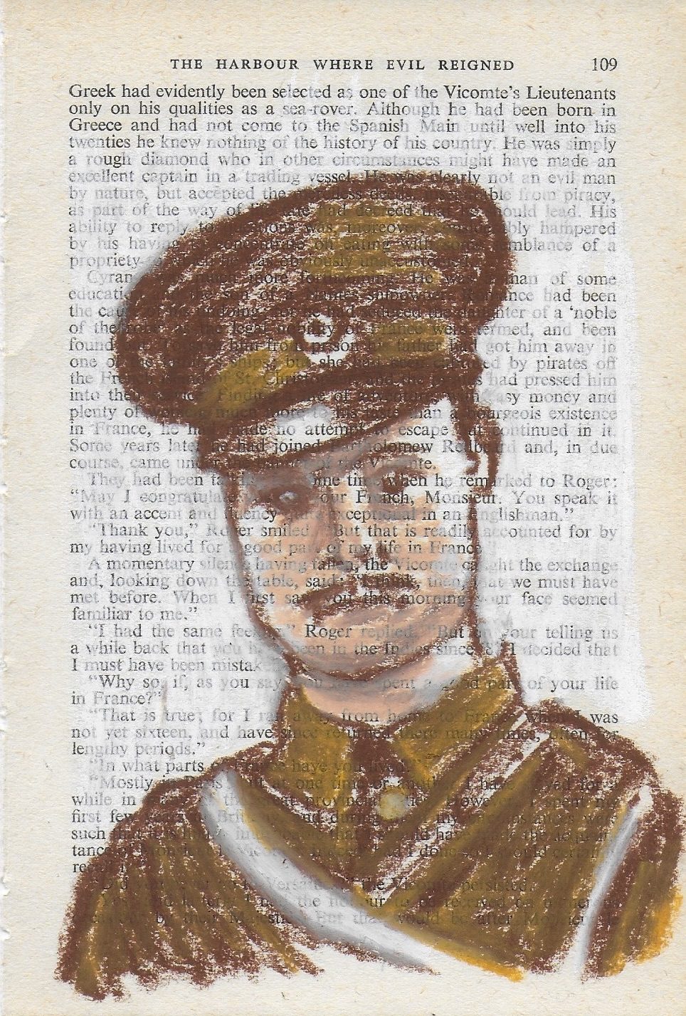 Oil pastel drawing in shades of brown of my uncle Peter in uniform on vintage book page