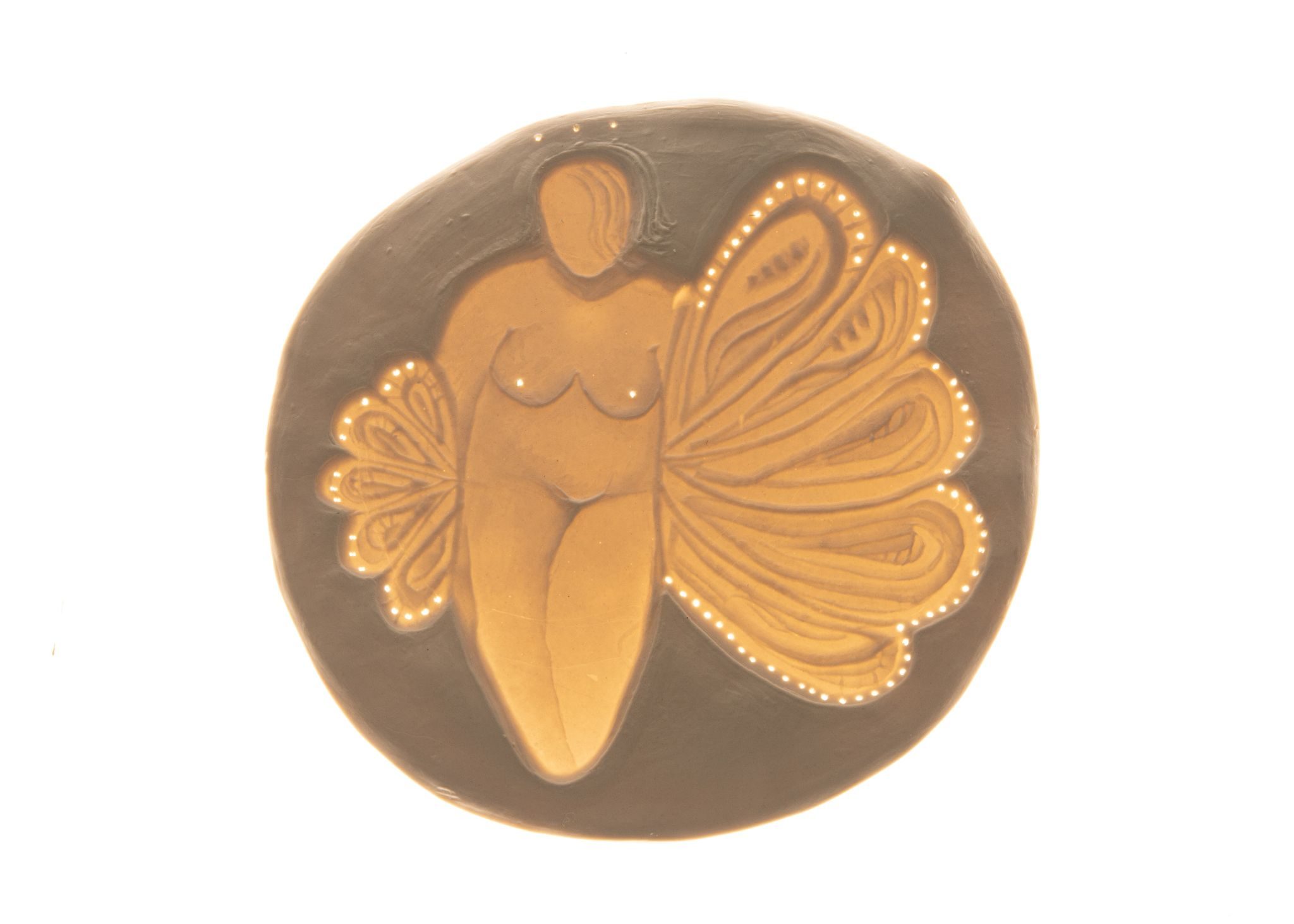 Digital image of a bone china lithophane as a self portrait.