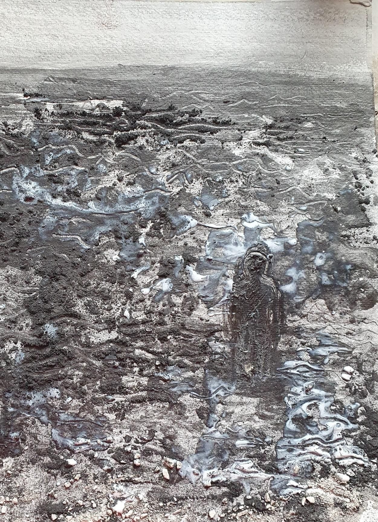 Sketching with graphite, wet and dry. Figure glancing across the sea into the far distance