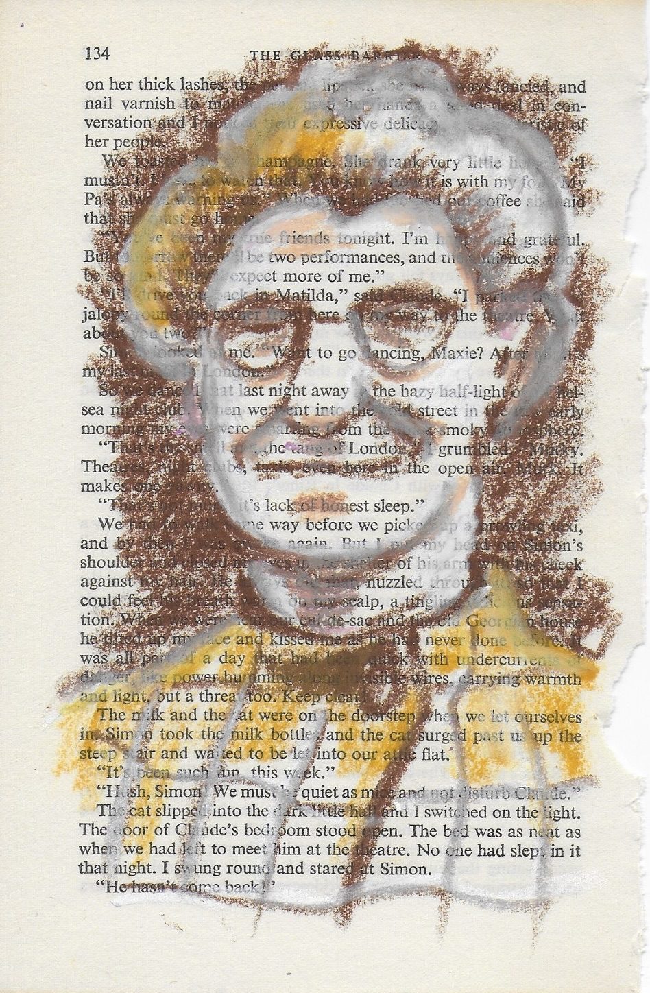 Oil pastel drawing in shades of brown of my grandmother on vintage book page