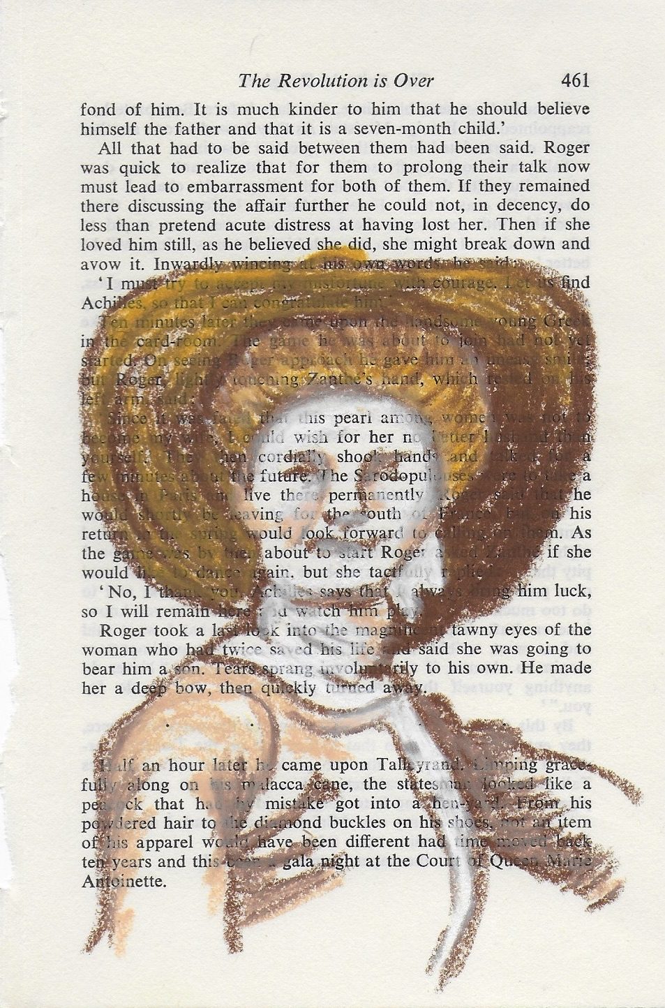 Oil pastel drawing in shades of brown of my grandmother on old book page