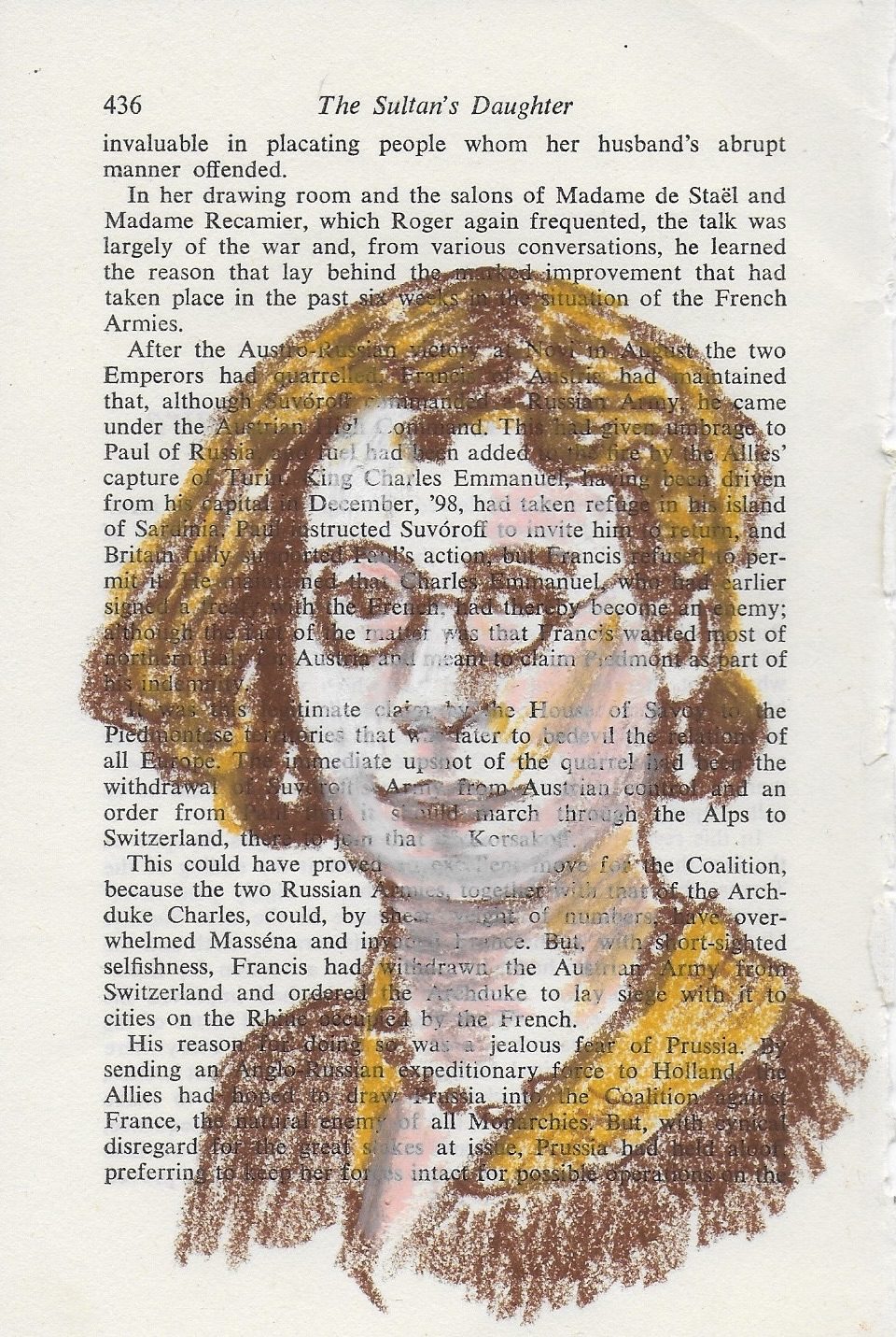 Oil pastel drawing in shades of brown of my aunt on vintage book page