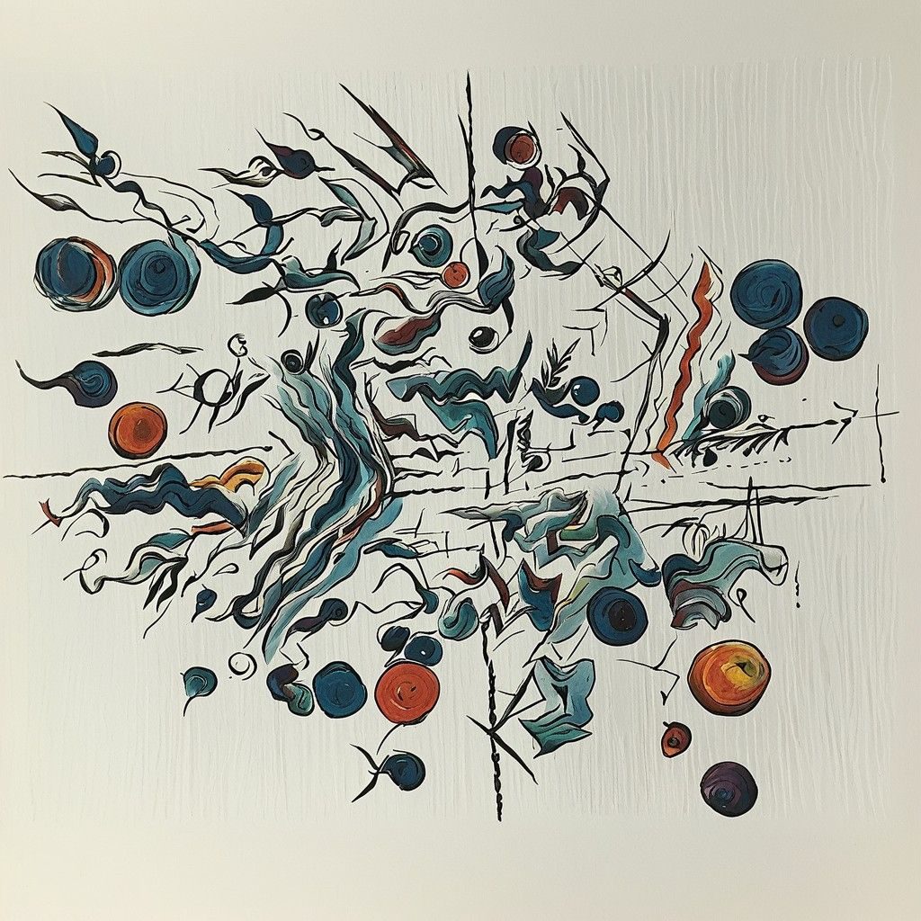 A line and acrylic picture of black lines and fruit in orange and blue