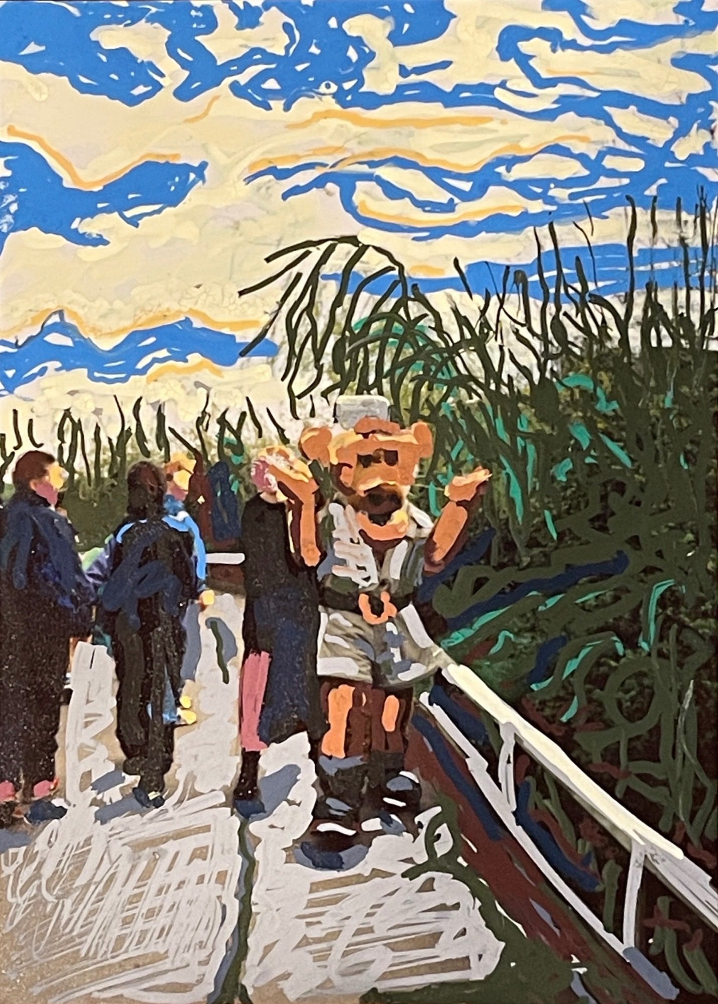 Person dressed as lion walking along with passers by. Posca pen on photo.