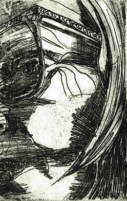 Soft ground etching of a segment of a woman's face with glasses. Inspired by Diebenkorn's drawings the lines are rough, textured and quickly put down.