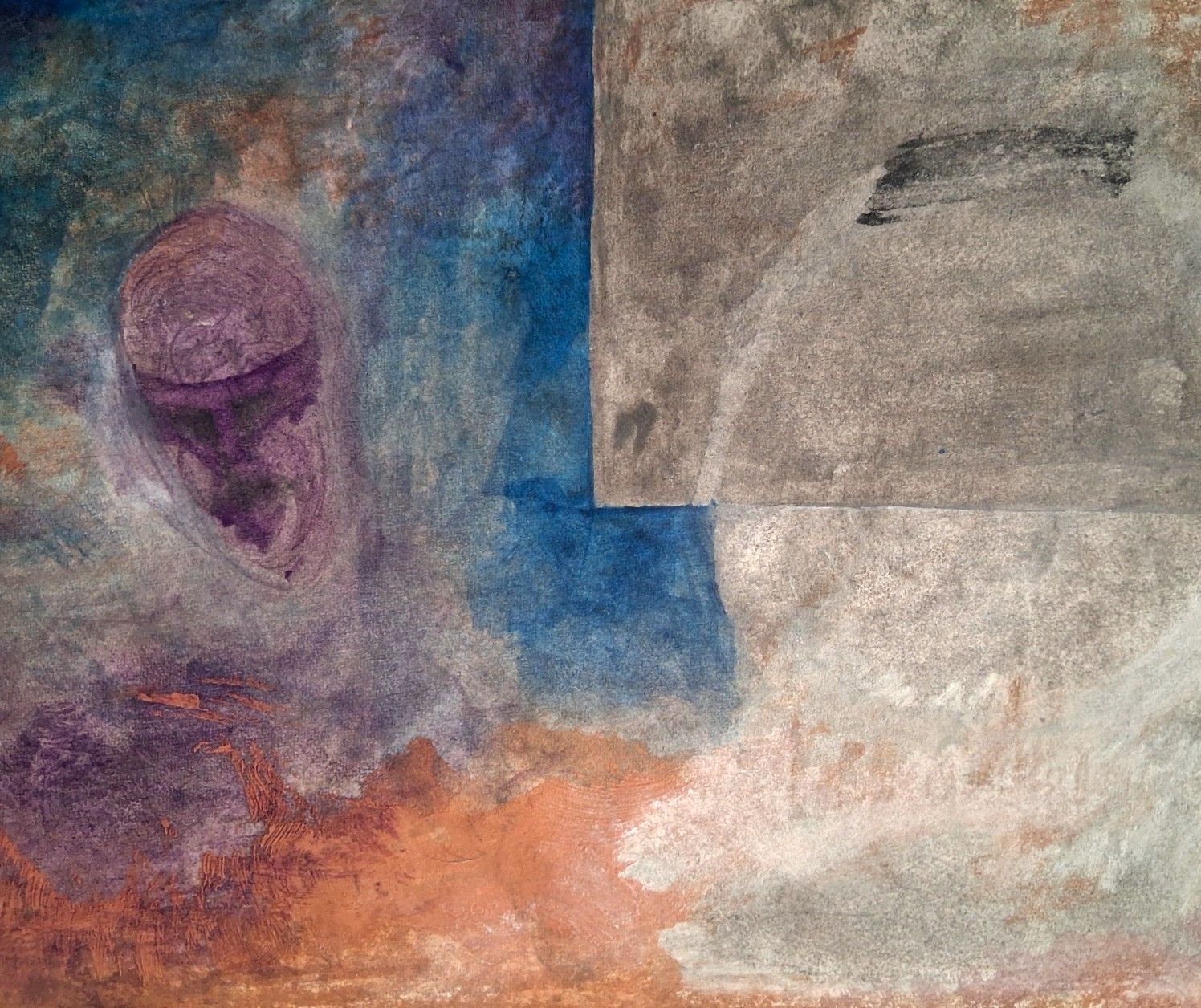 Small watercolour painting in purple and grey  of a small head looking down, covered with pastel