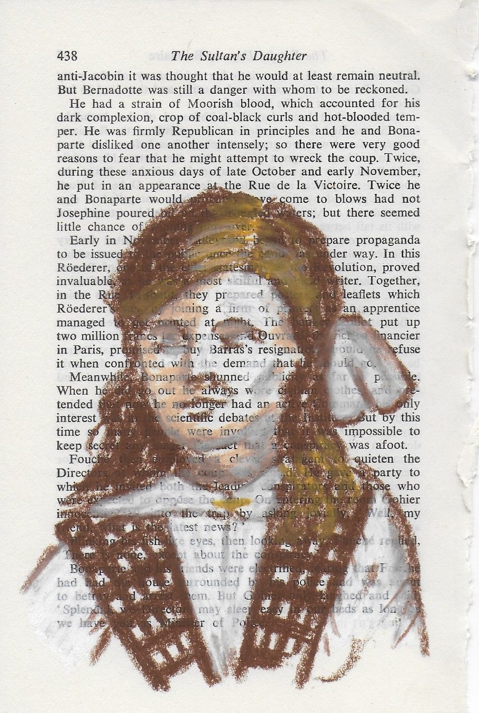 Oil pastel drawing of a young girl c1900 in shades of brown on vintage book page