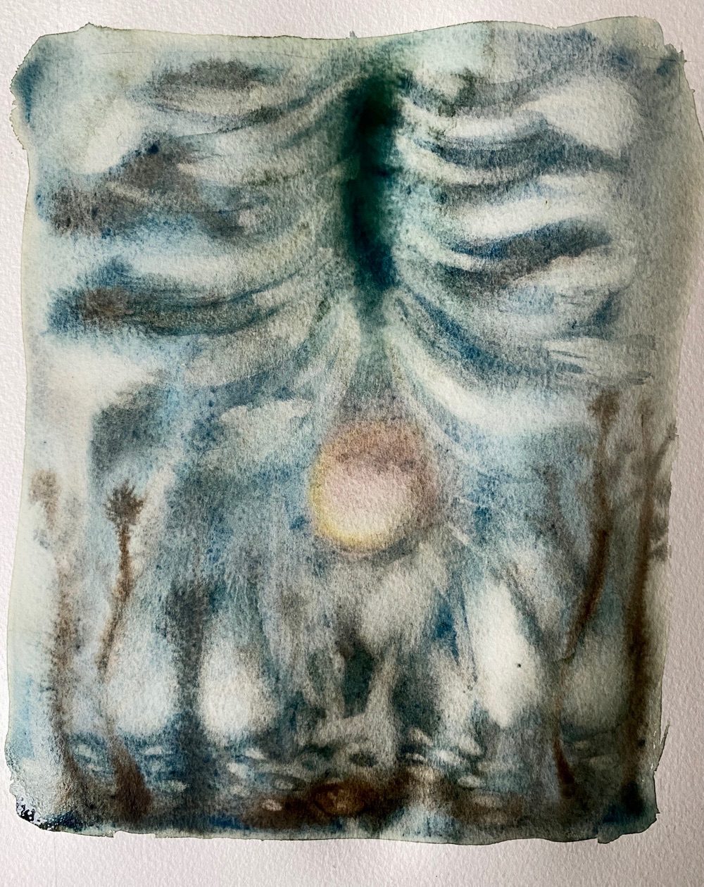 watercolour on paper - nebulous 'art of not knowing' a pair of lungs (spine) appeared from a sky. Shades of denim blue. with a kind of pinky sun setting and vegetation in the foreground and a creature with long ears appears at the foot of the artwork