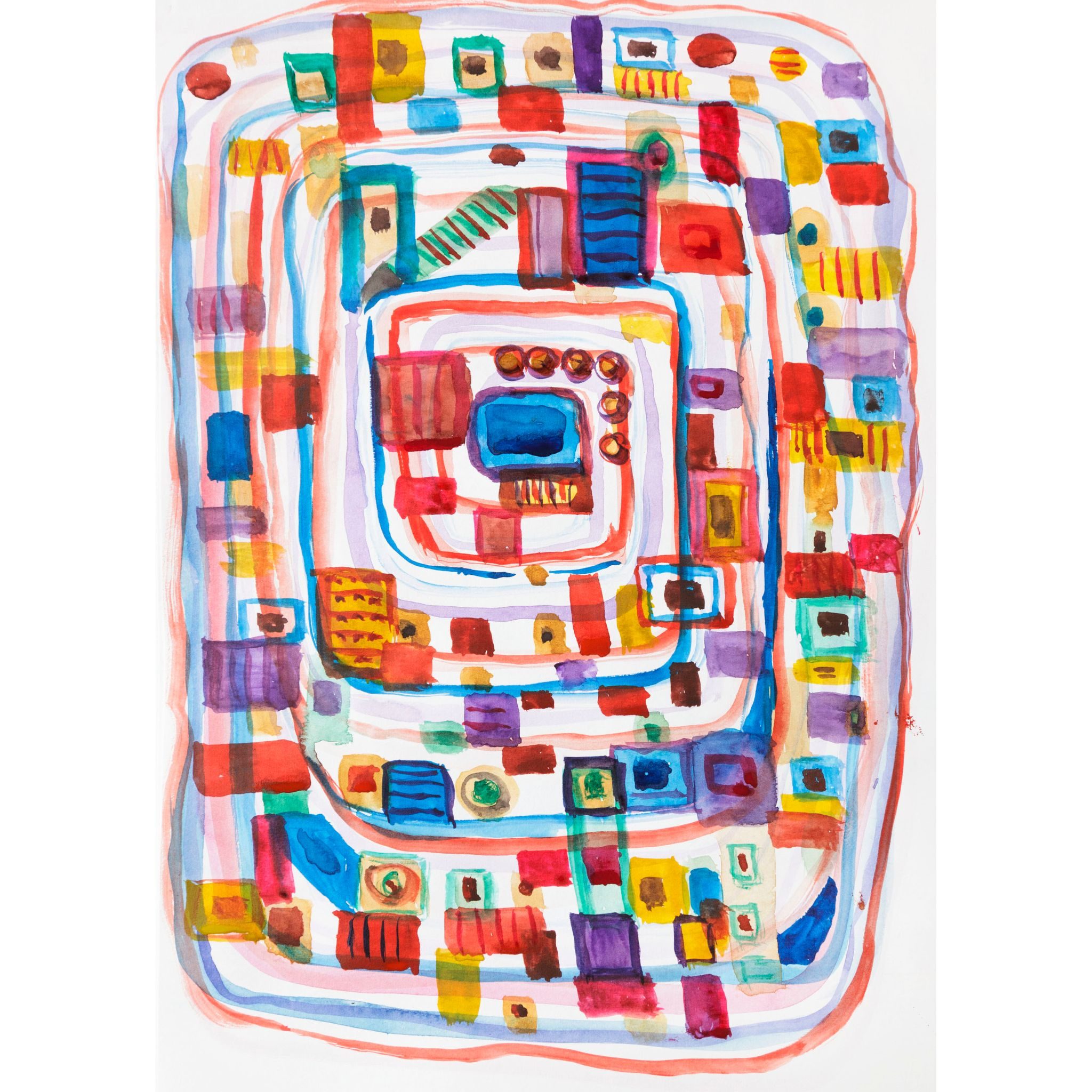 brightly coloured rectangular spiral wiith squares and rectangles of colour overlapping