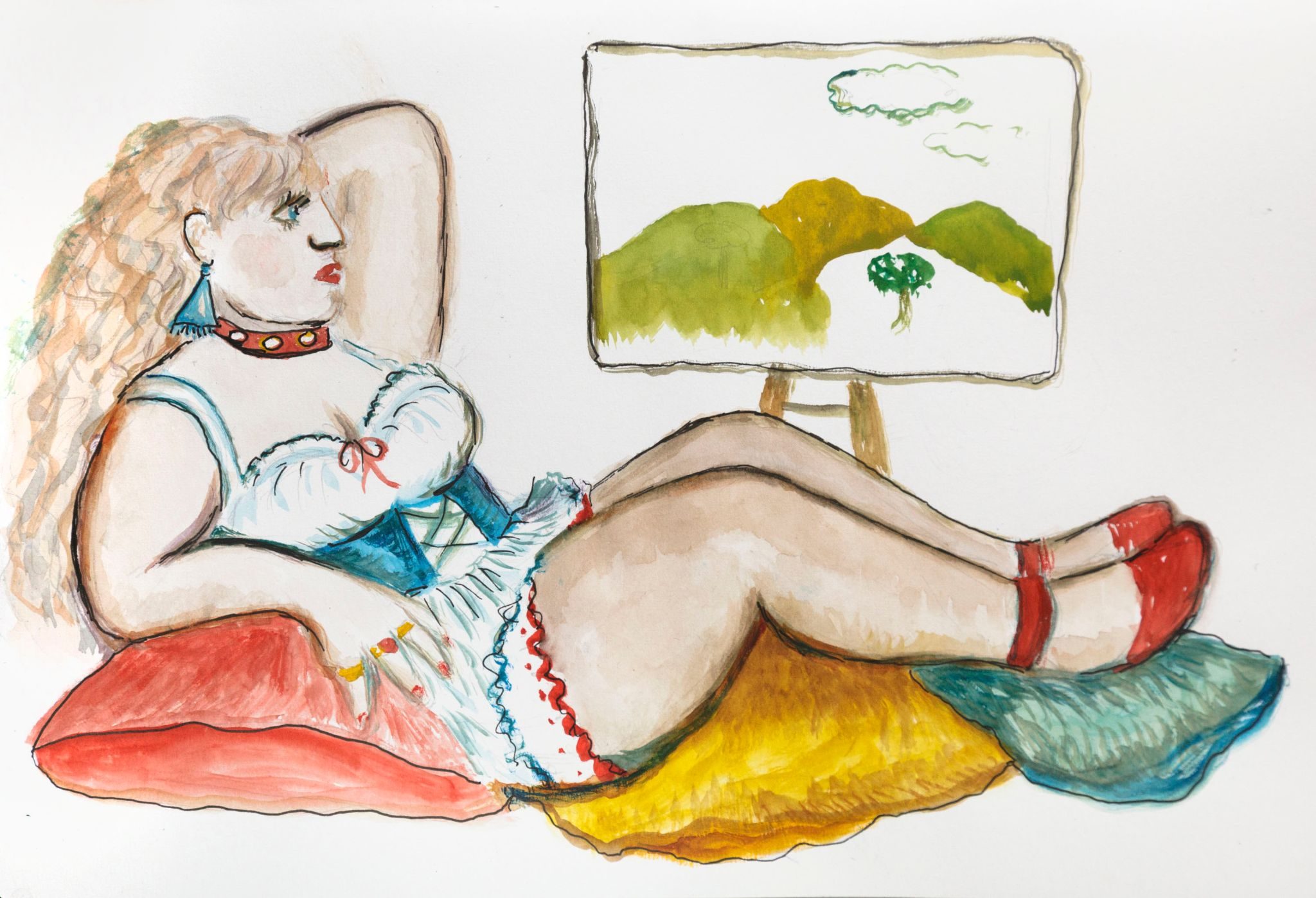 a large scanyily dressedwoman with long hair  lounging on cushions and looking at a new painting