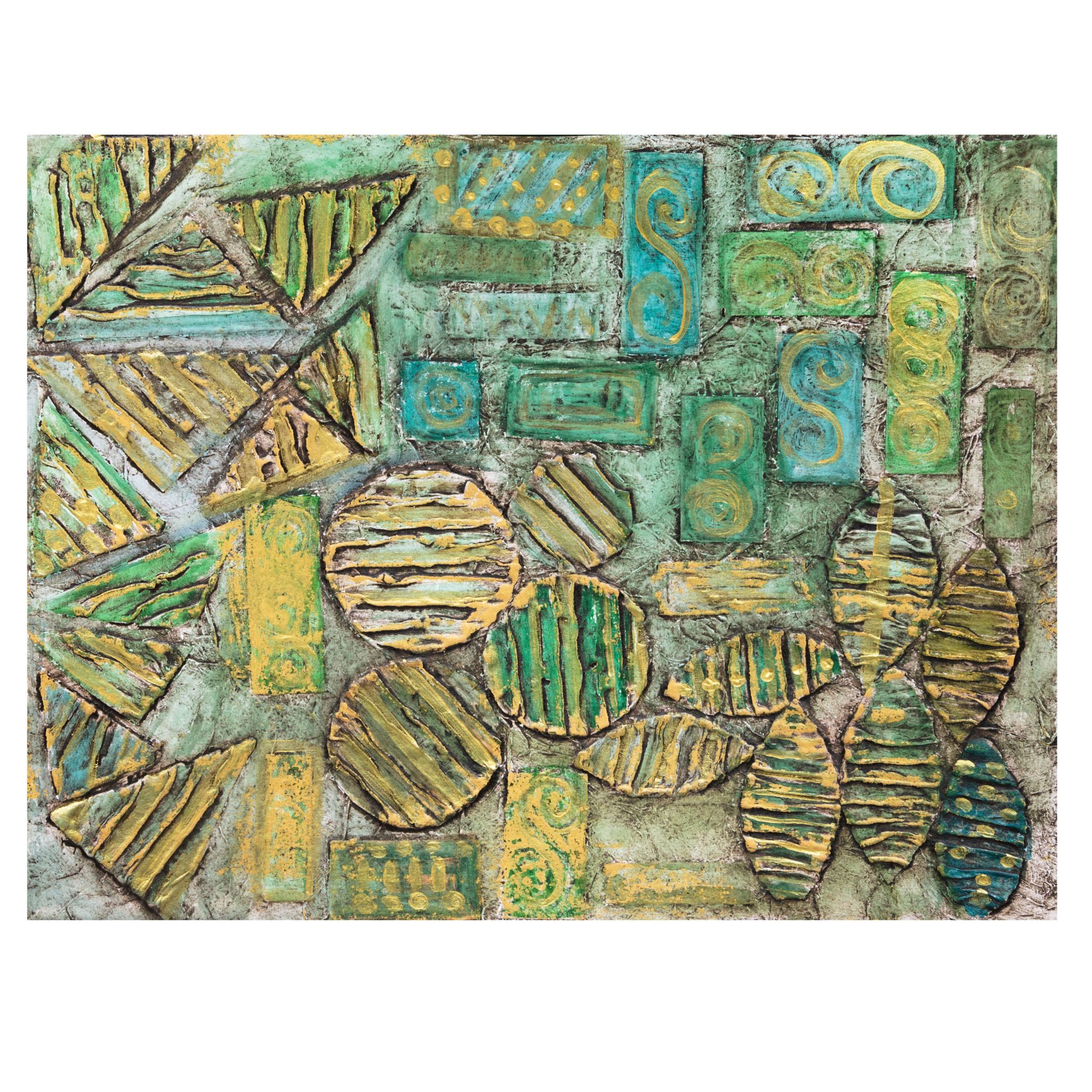 A  highly embossed collagraph abstract print with triangles, rectangles and circles in browns and greens and highlighted with gold