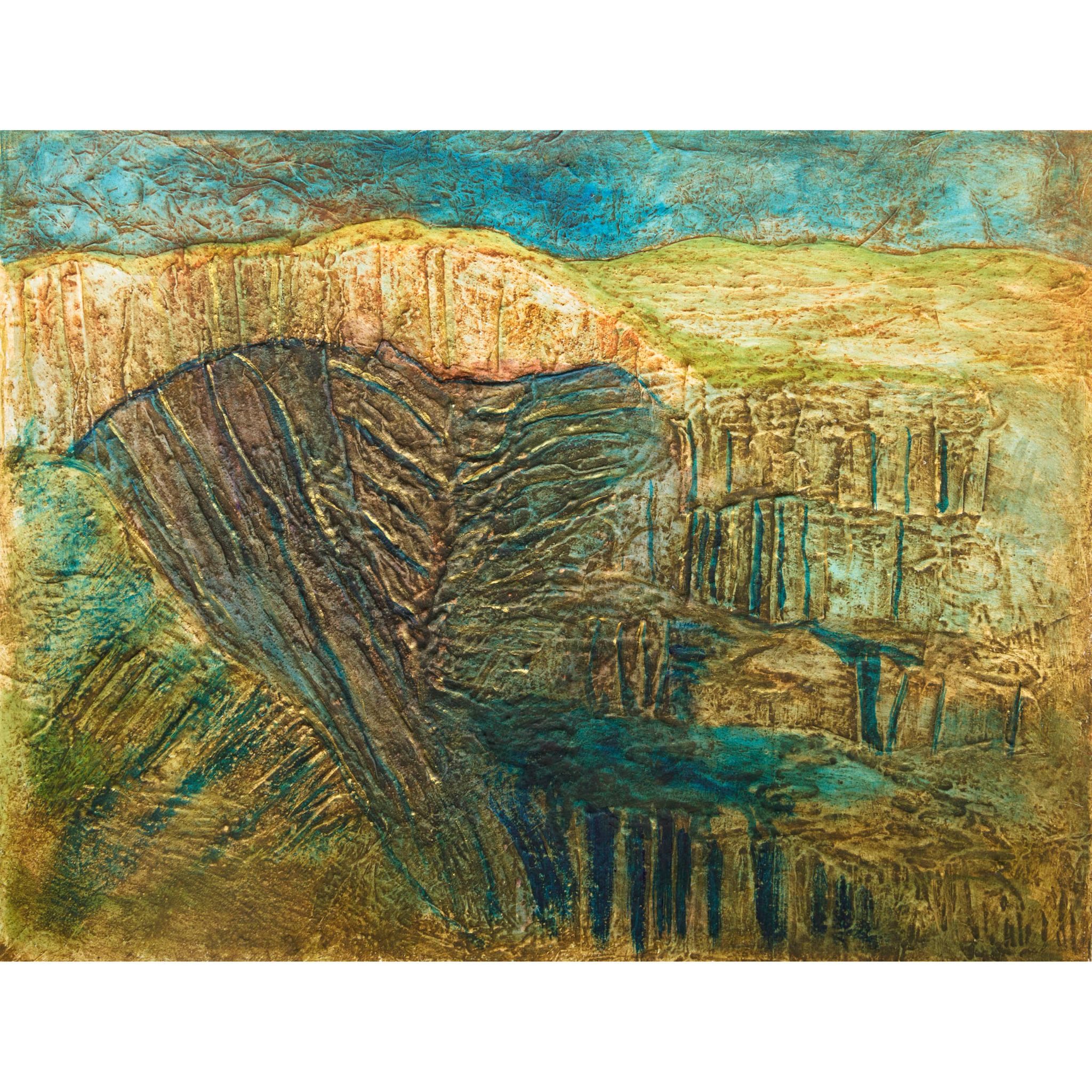 A heavily embossed collagraph print symbolising a landslide in dark colours with glimpses of gold