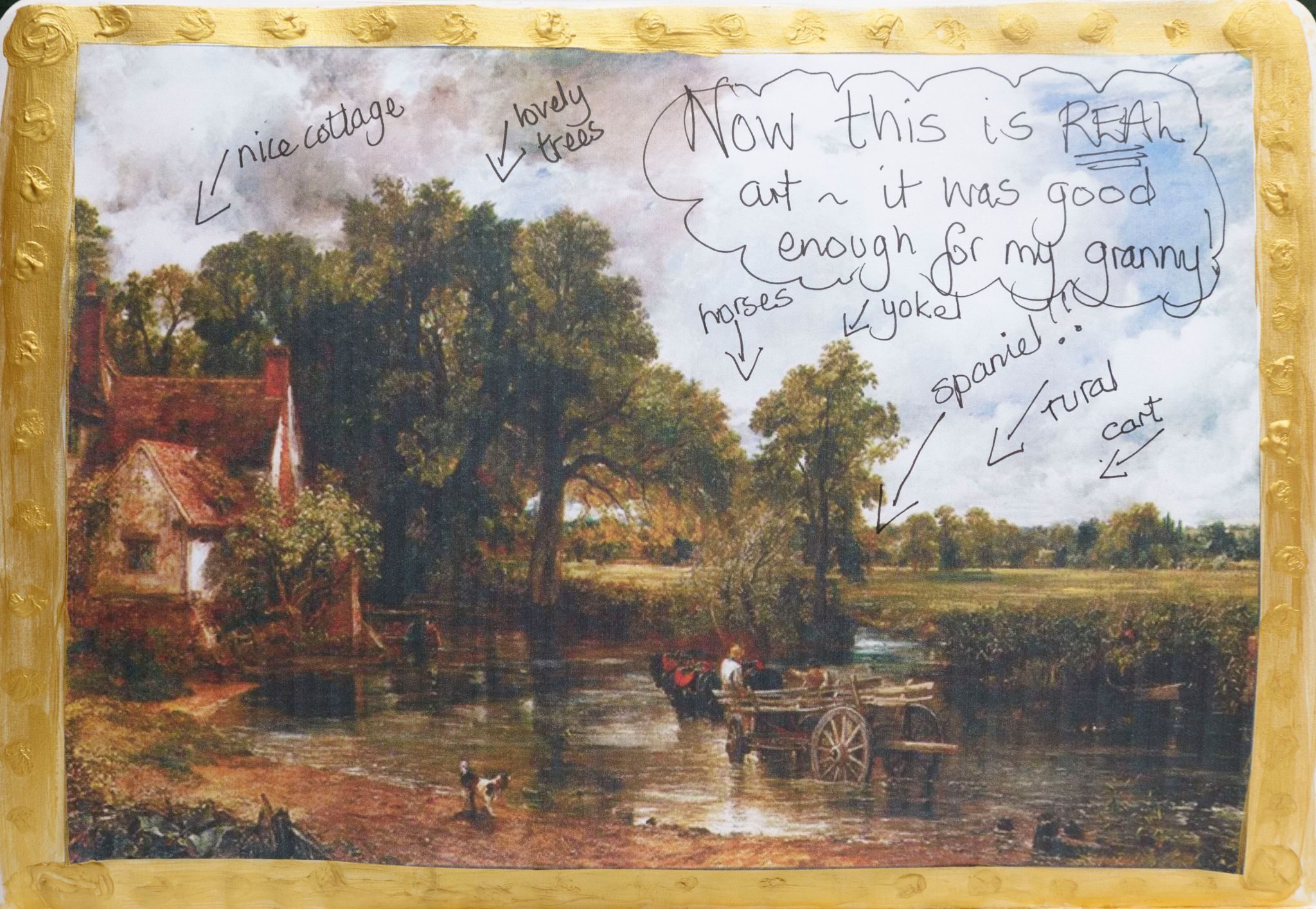 a print of Constable's Haywainwith a painted frame and writing notes added