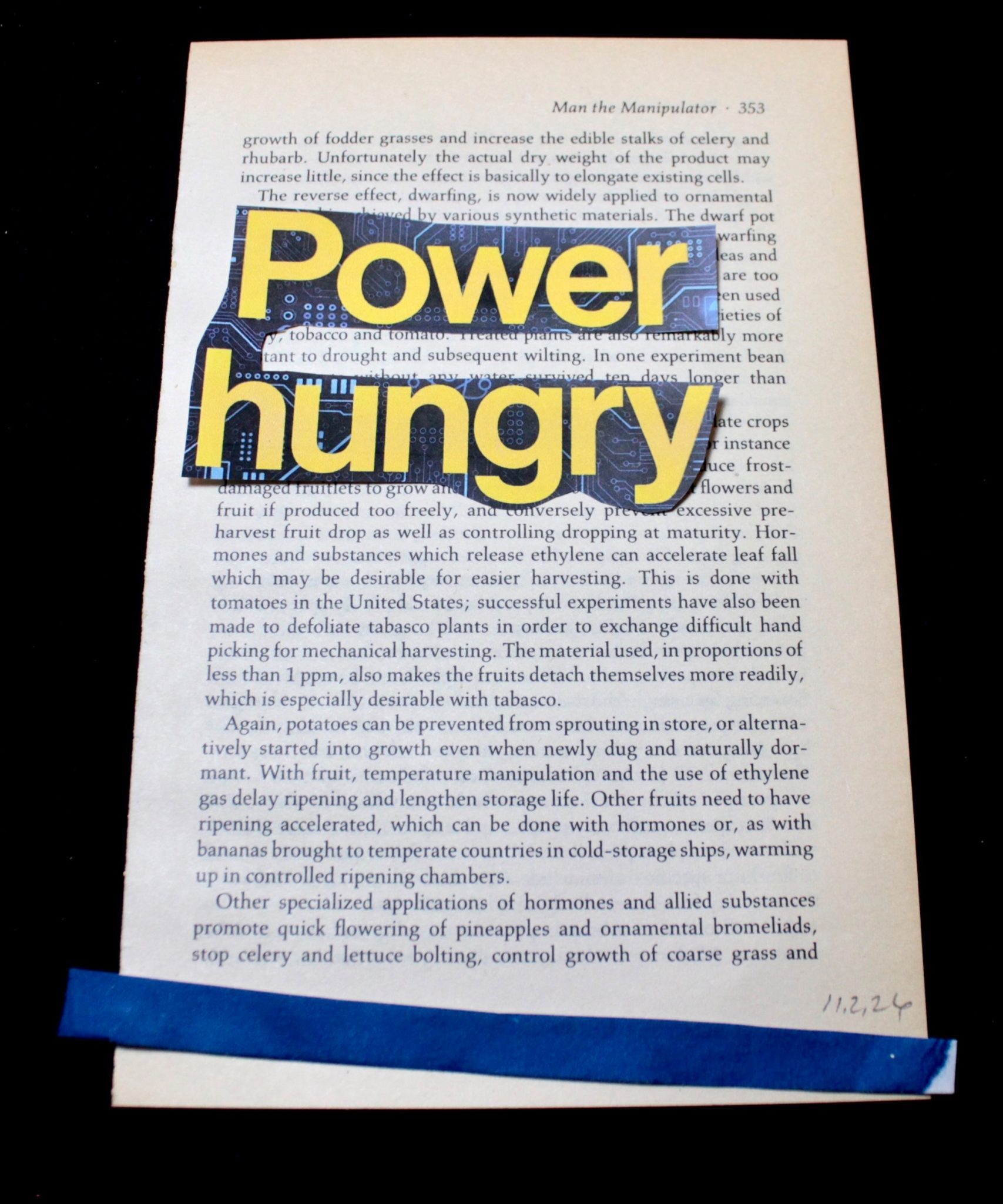 Collaged text (POWER HUNGRY) and blue cyanotype strip on yellowed book page 353