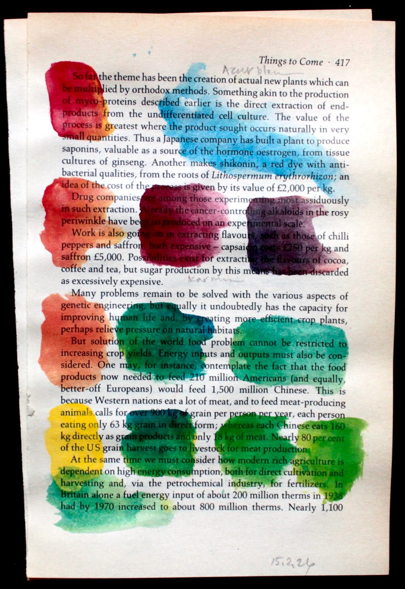 yellowed book page ( 417) with samples of various colors mixed
