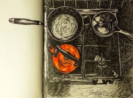 a dark black pen drawing, birds-eye view of the stove with wok, saucepand and bright orange whistling kettle