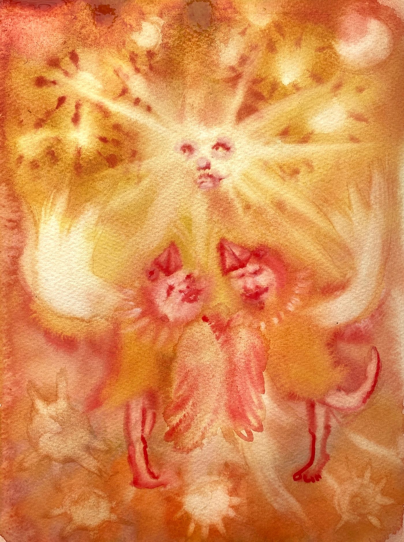 watercolour on paper.......... bright orange hues and red. Two strange hybrid people in the foreground with bird outfits and waving wings. At the top is a bright yellow sun with a benevolent face and many suns surrounding