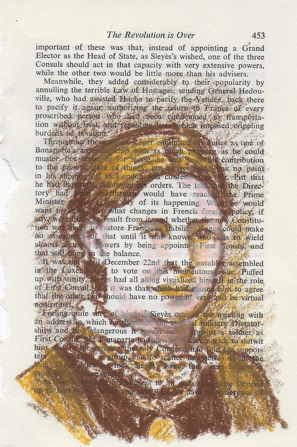 Oil pastel drawing in shades of brown of my great grandmother on vintage book page