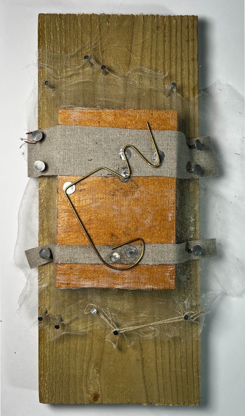Photograph of assembled materials on a white backdrop, contains multiple fabrics, nails, thread, wood and brass