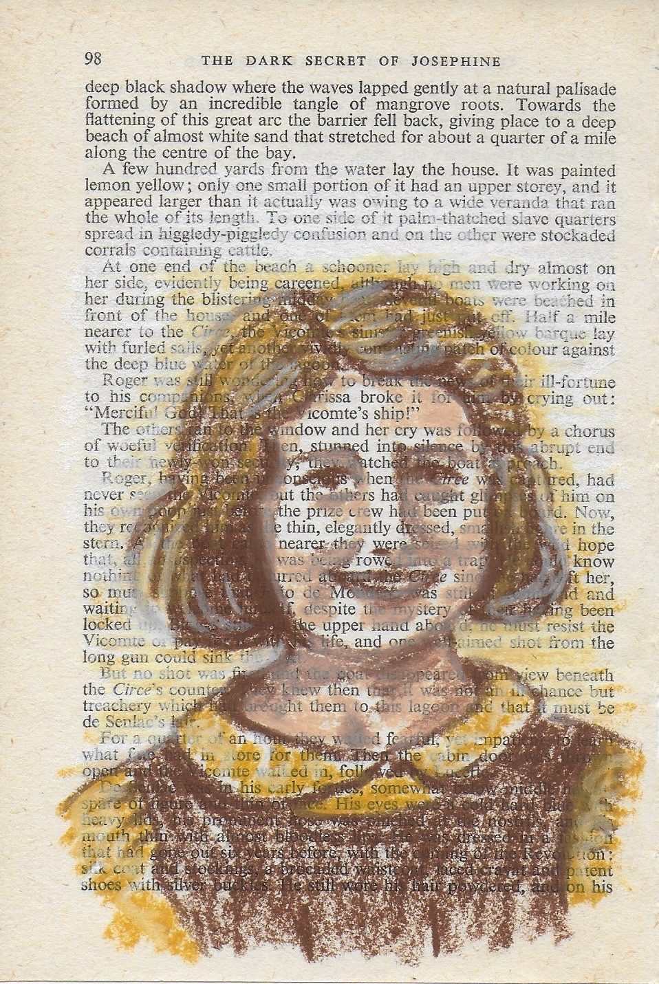 oil pastel drawing in shades of brown of my mother as a schoolgirl on vintage book page