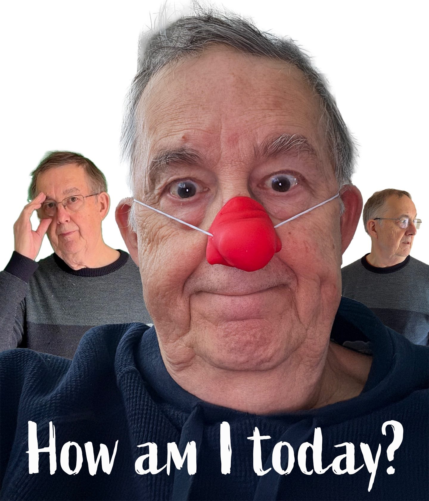 A photo collage of the artist in different moods; silly, thoughtful and worried