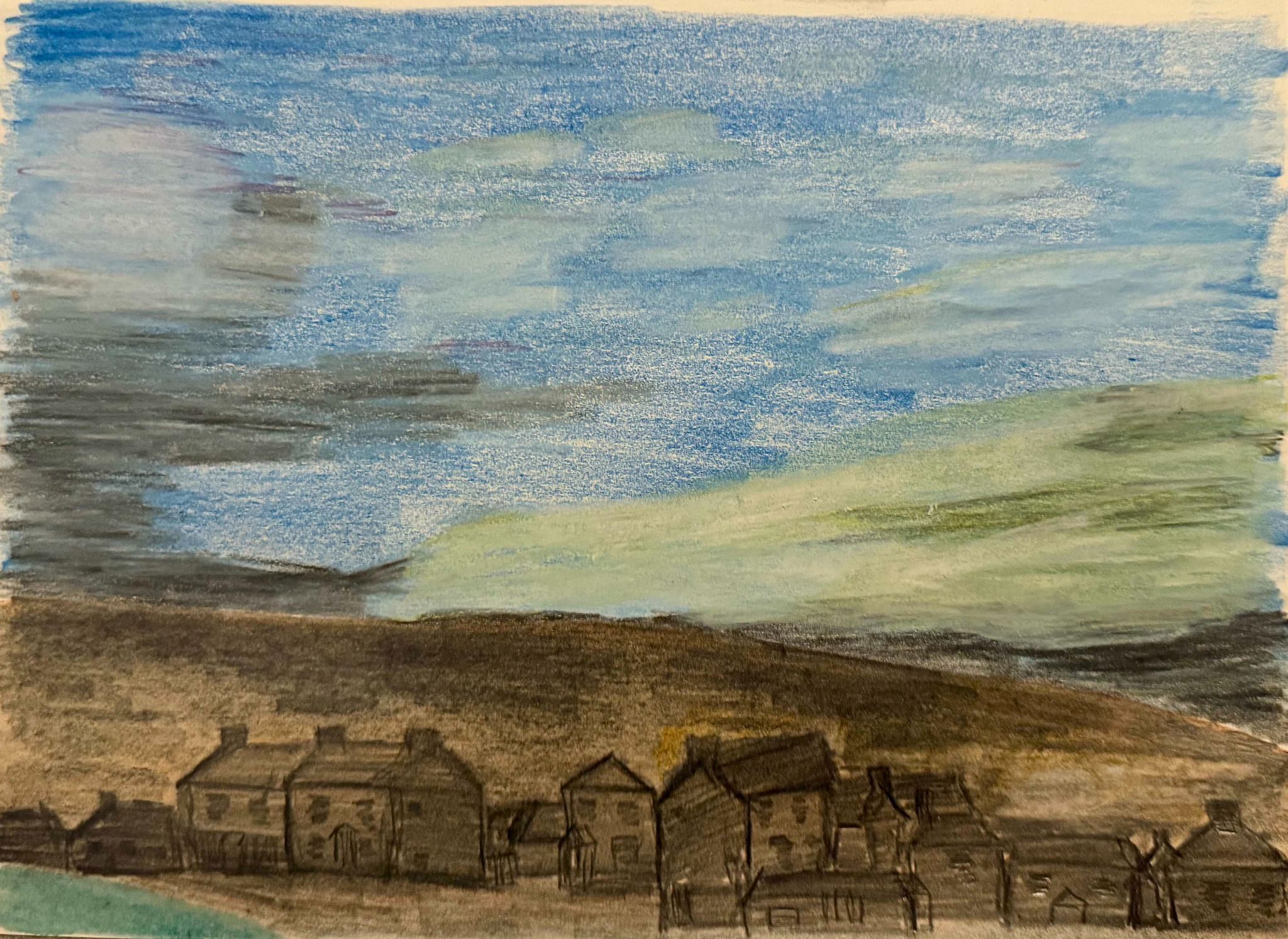 Working from old photos, this time experimenting with water soluble crayons and coloured pencils