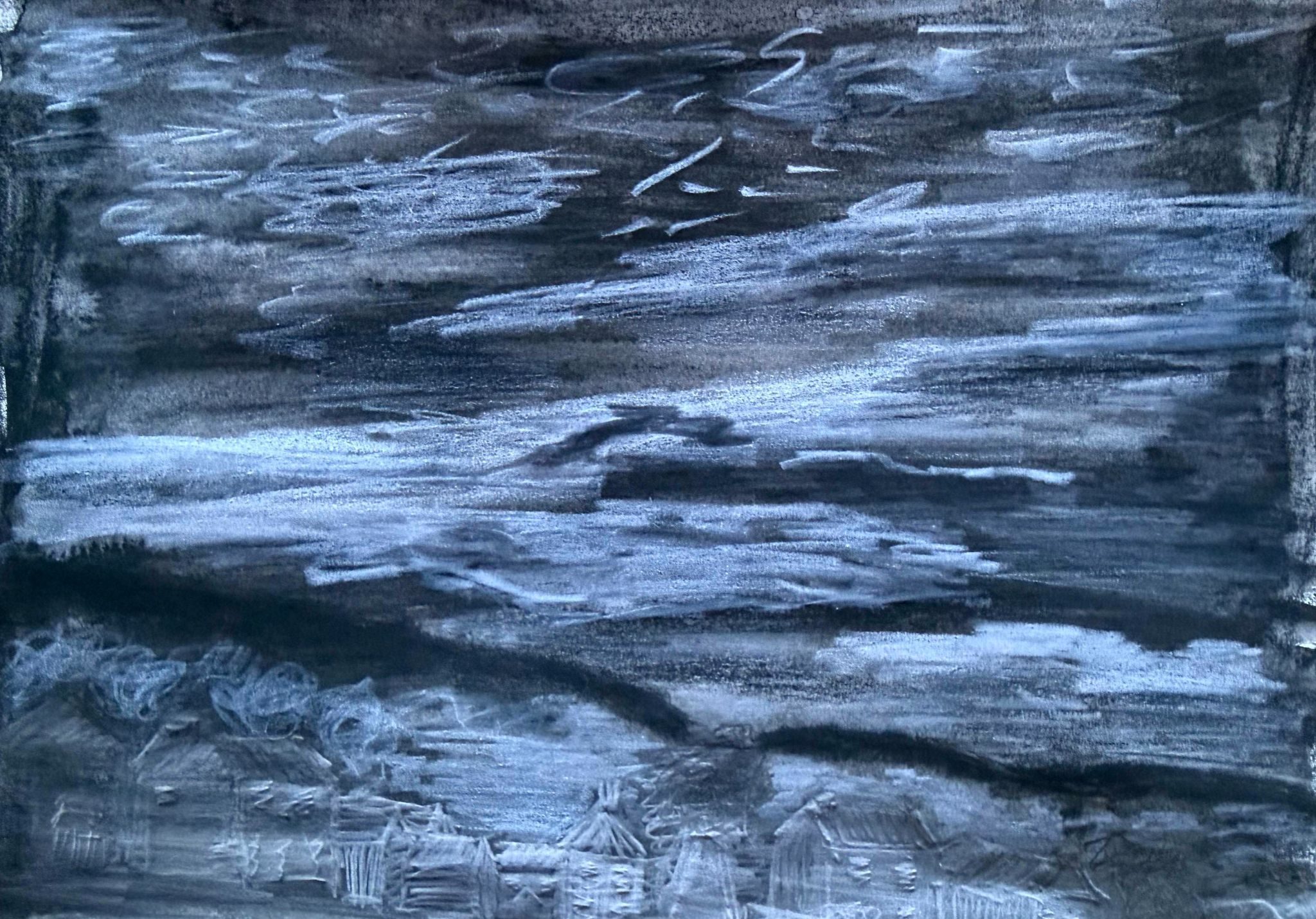 Cloud drawing attempt using black and white water soluble crayons, white coloured pencils and 6B graphite