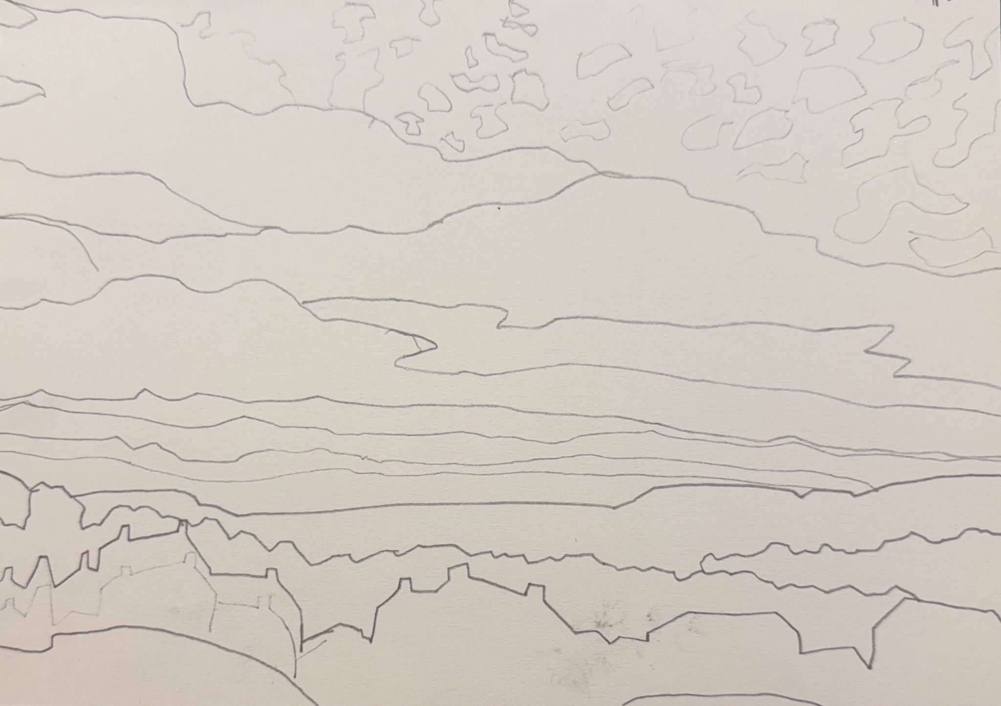 Reduced countour line drawing based on a cloud photo, HB pencil on paper