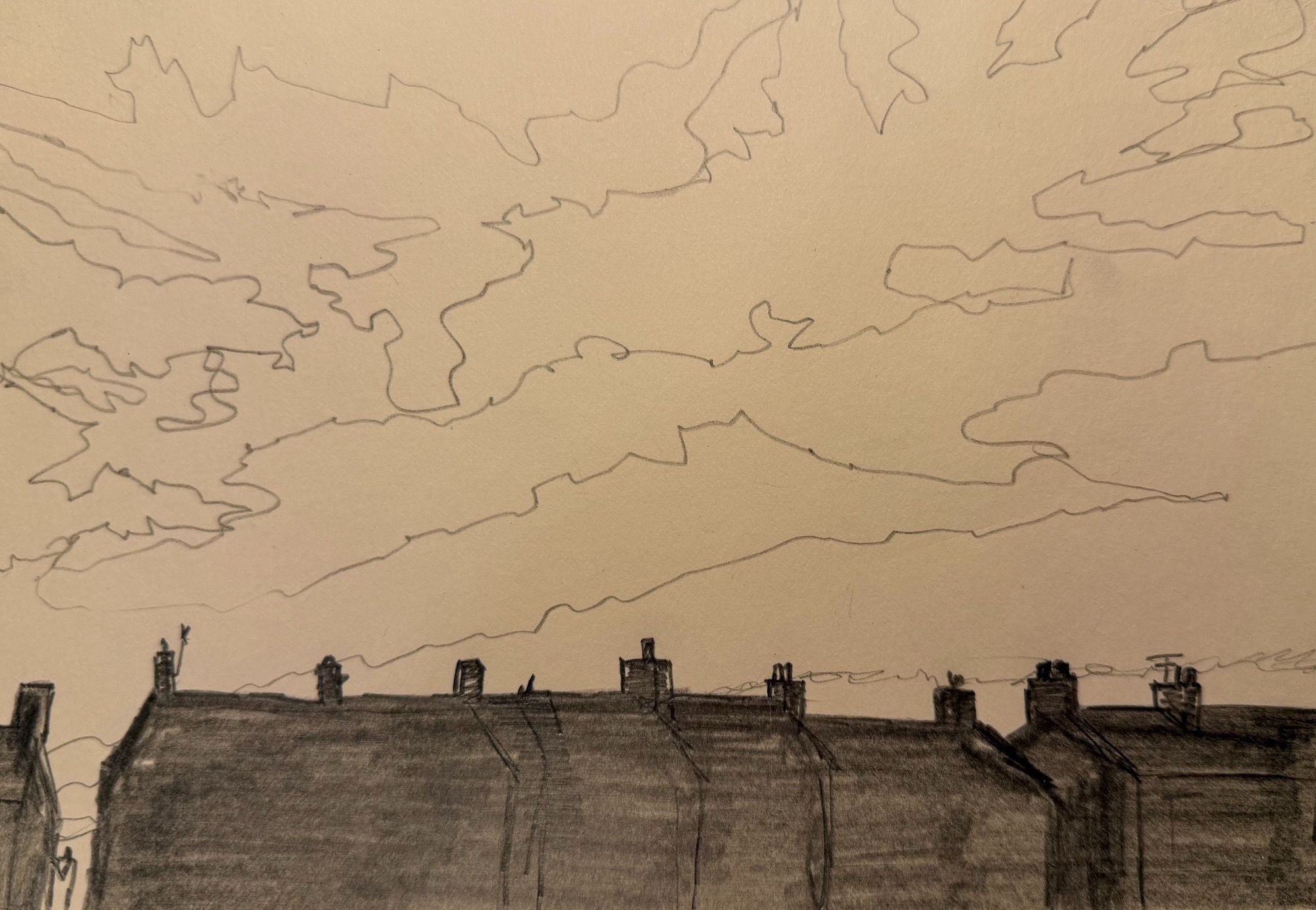 Pencil drawing based on an old cloud photo using mixture of block filling & line drawing