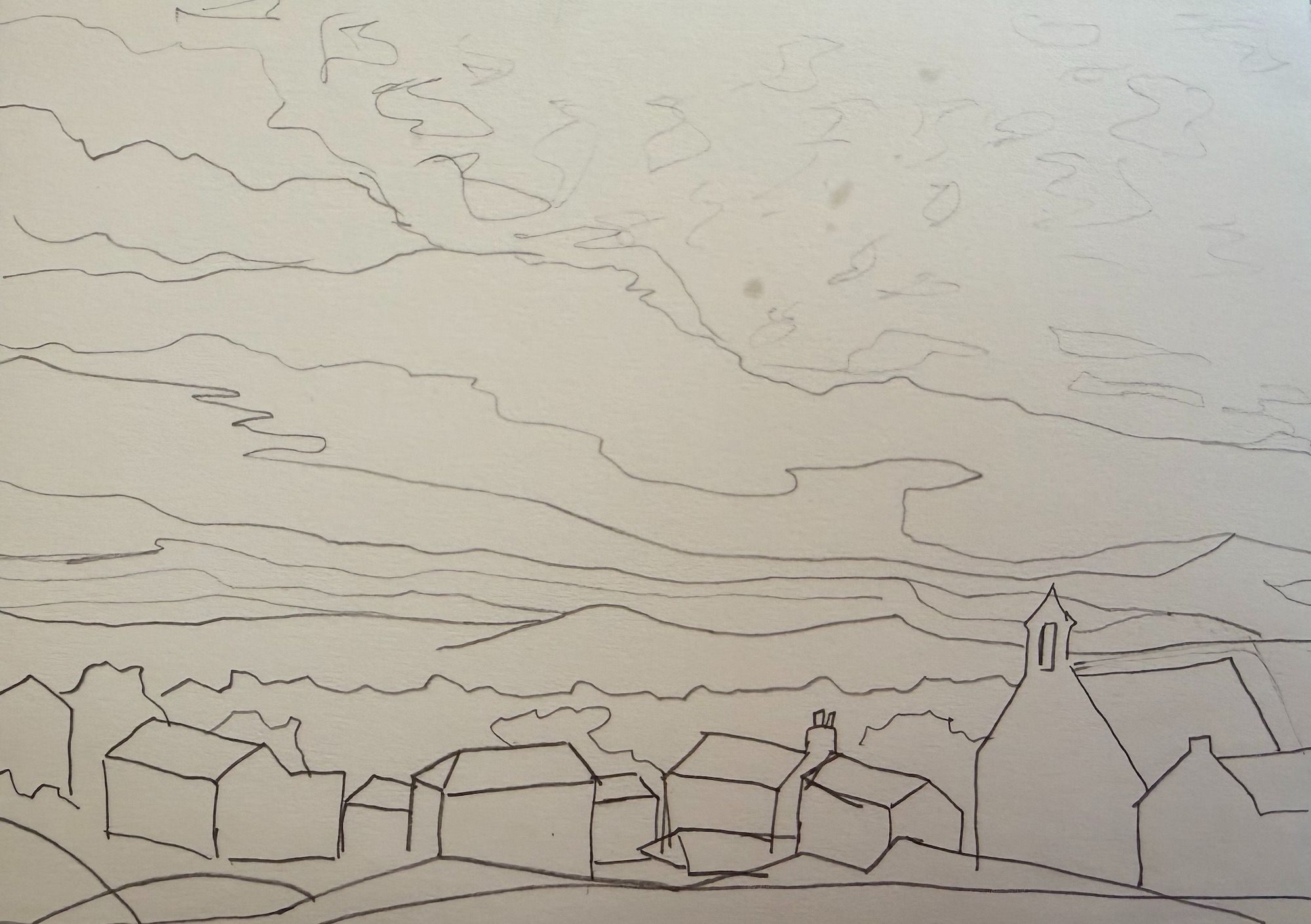 Bare line drawing based on cloud photo using HB pencil on paper