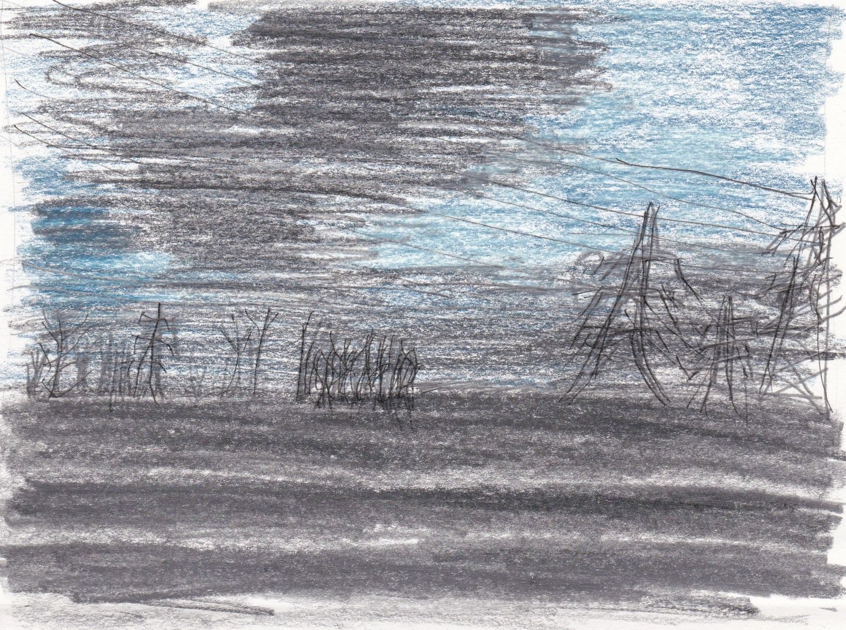 Another and drawing based on a photograph from a fleeting glimpse of the very flat part of Kent created using 6B graphite stick and colouring pencils