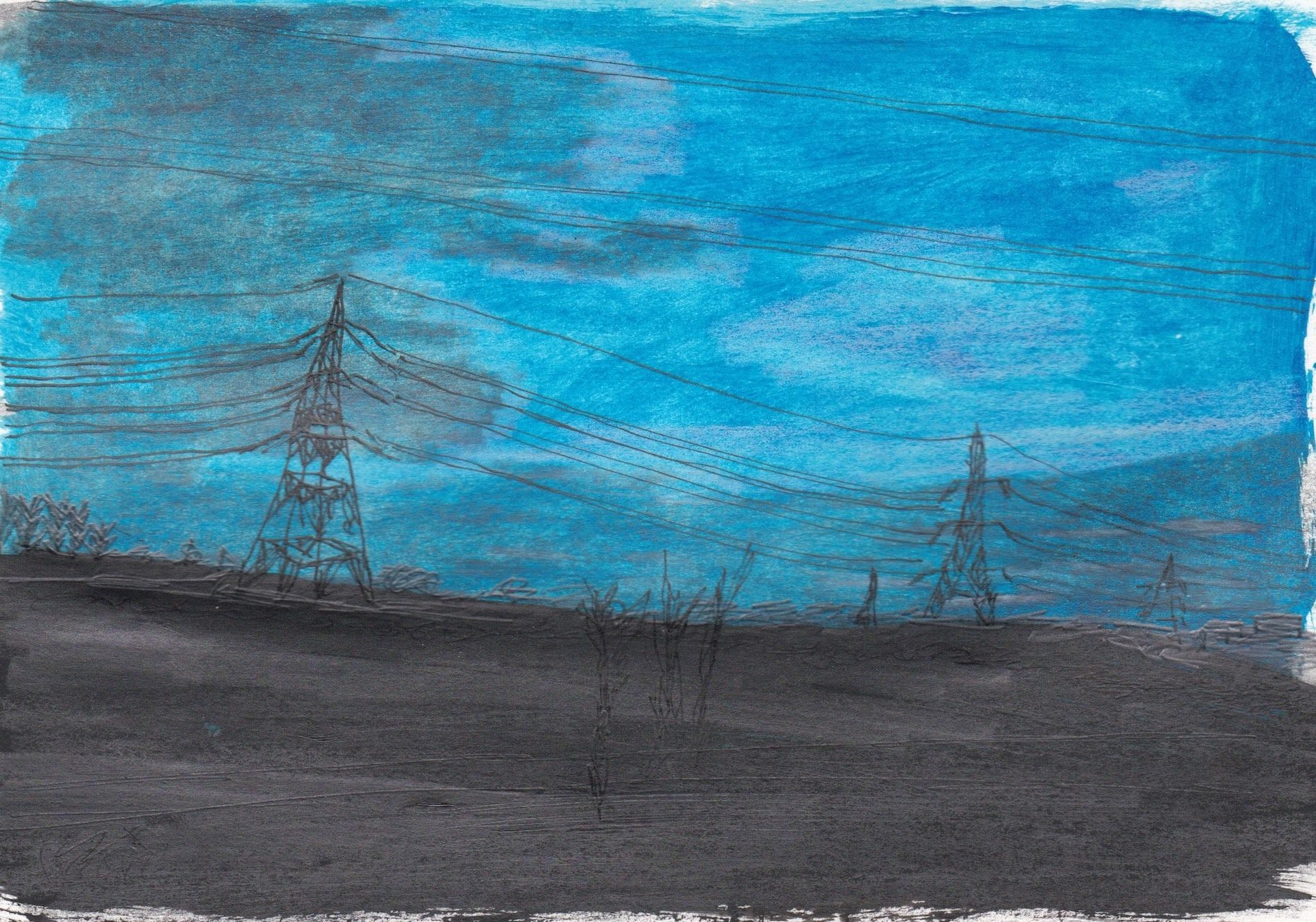 Drawing of a fleeting glimpse of uninspiring passing countryside with pylons from 2016 on painted graound
