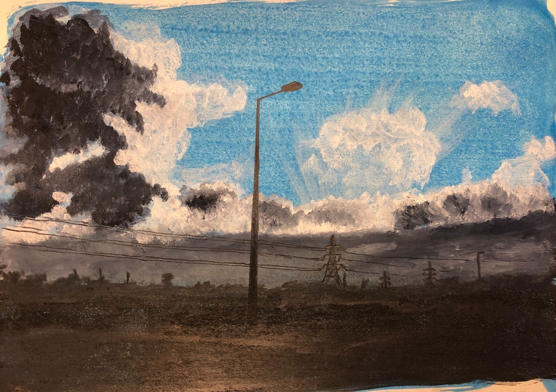 Painting/drawing based on a fleeting glimpse of clouds and pylons from the road in Kent