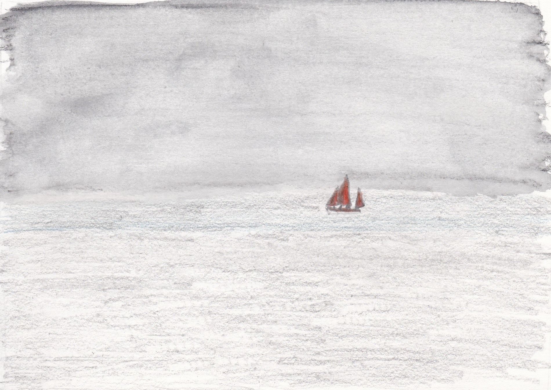 A small boat with vibrant red sails on the horizon between flat grey sky and flattish greyish sea (water soluble crayon, graphite and coloured pencils)