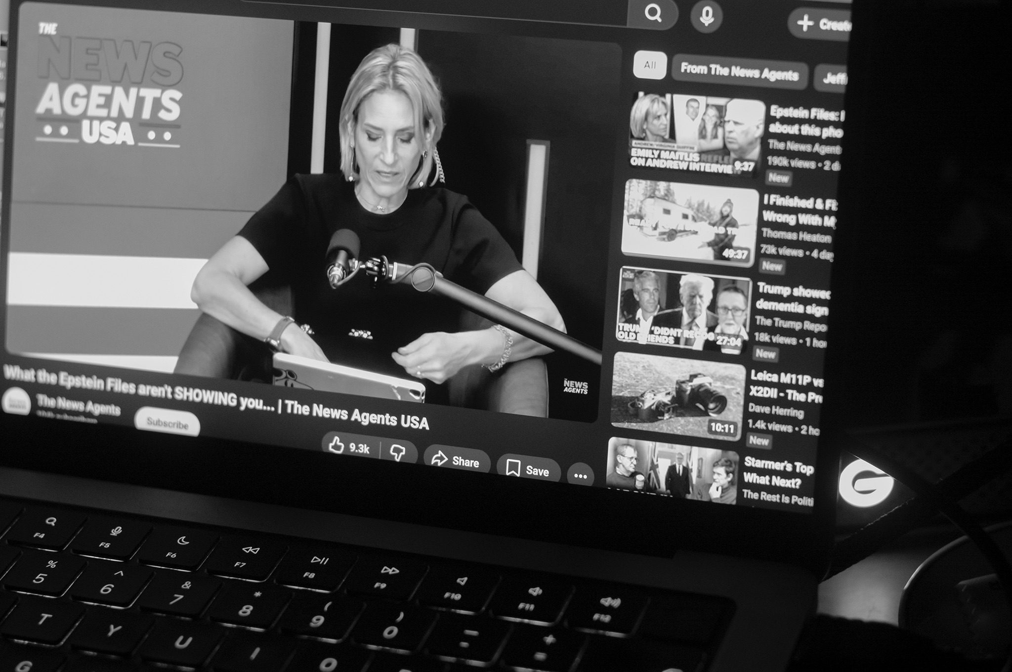 A Black and White Screengrab of the News Agent Podcast featuring an interview about Epstein and women victims voices being silenced