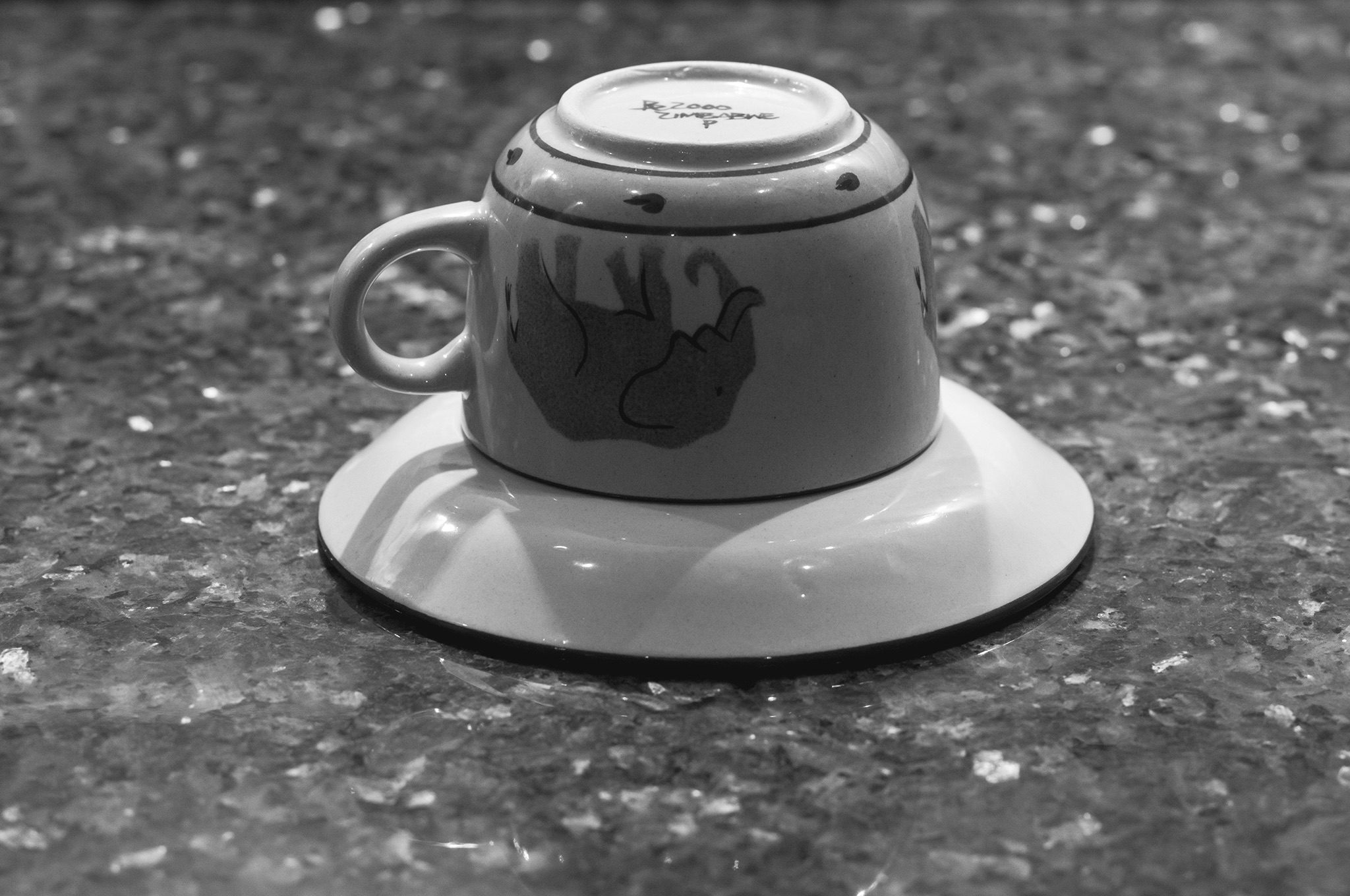 Black and White image of my wife's fav cup and saucer one with an Elephant print on it.